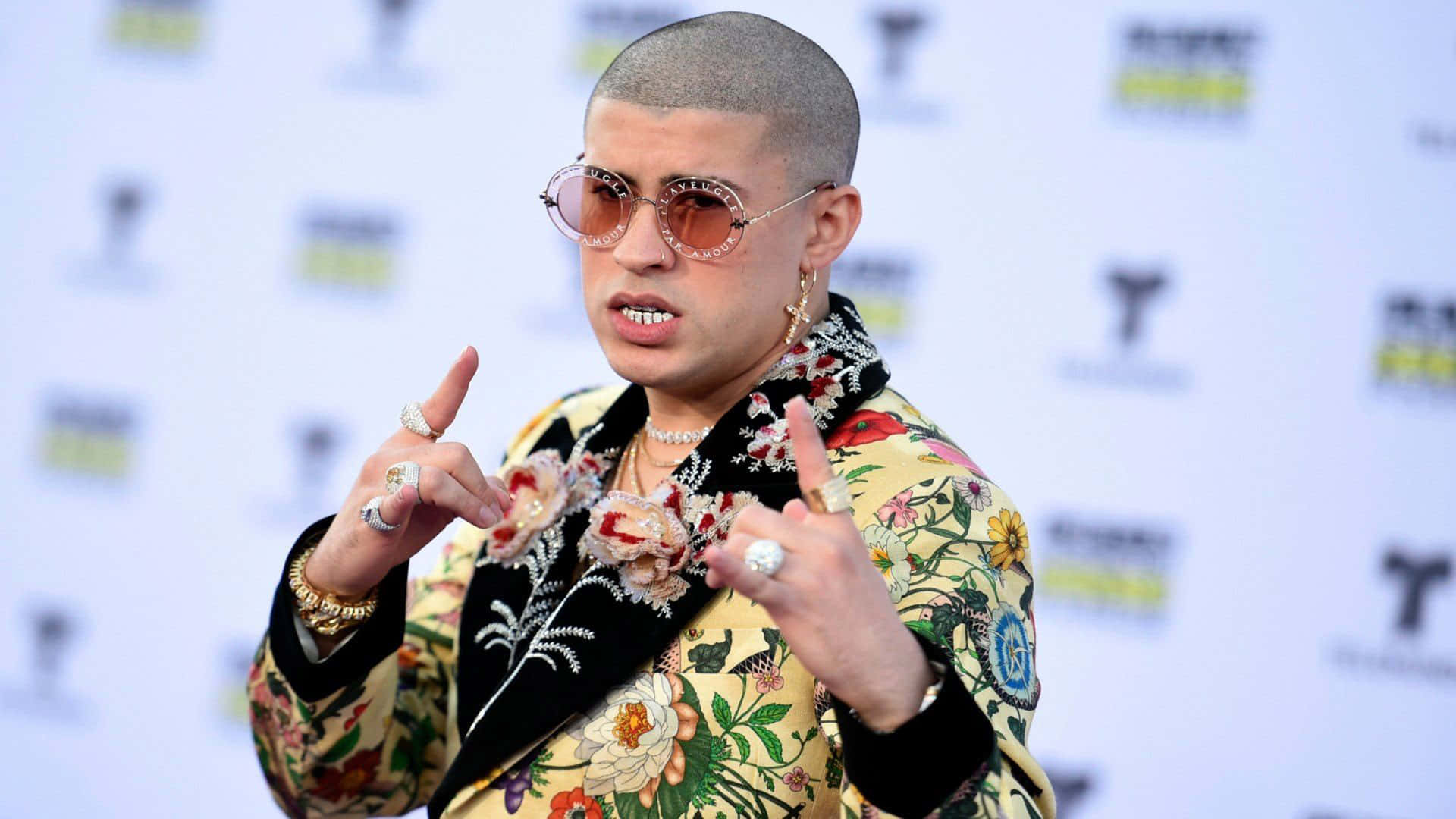 Bad Bunny, floral patterned jacket, shaved head, Full HD Desktop Wallpaper