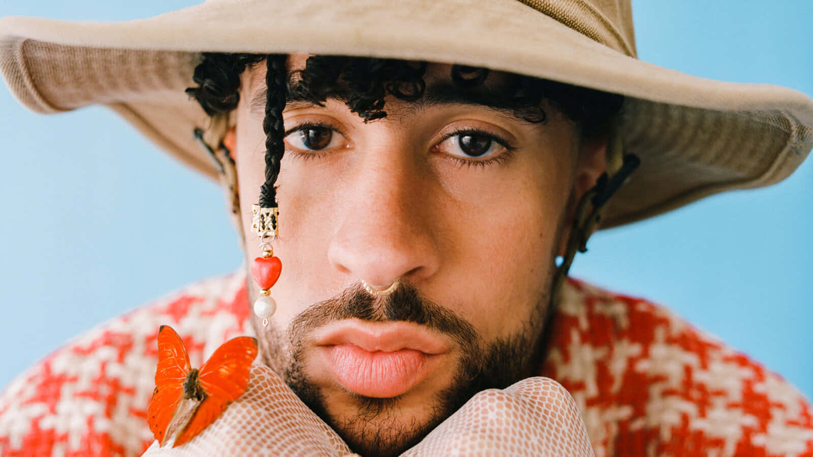 Bad Bunny Aesthetic, curly hair, wide-brimmed hat, HD Desktop Wallpaper