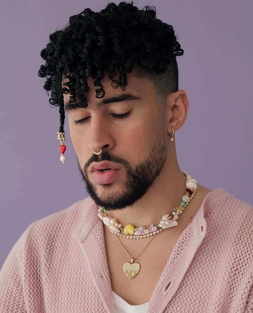 Bad Bunny Aesthetic, curly black hair, nose ring, SD Phone Wallpaper