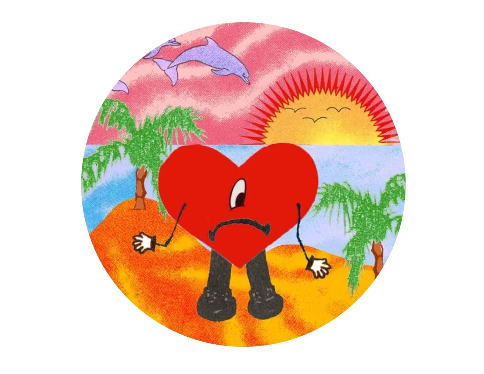 red heart character, tropical beach, sun with a smiling face, HD Desktop Wallpaper
