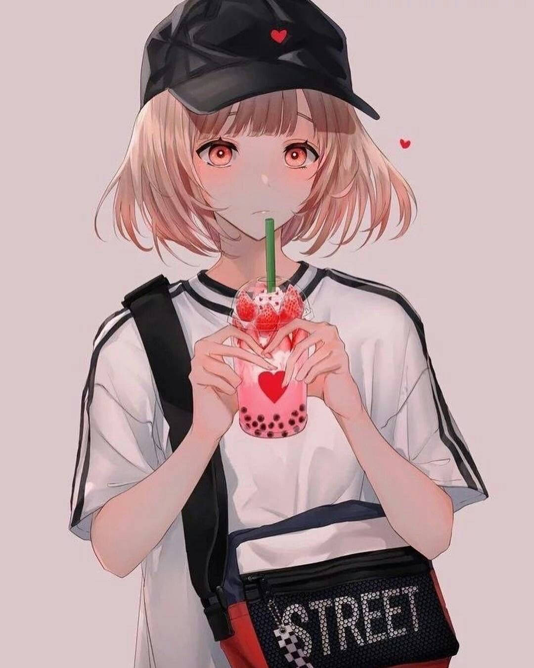 Bad Girl Anime, strawberry bubble tea, pink hair, HD Phone Wallpaper