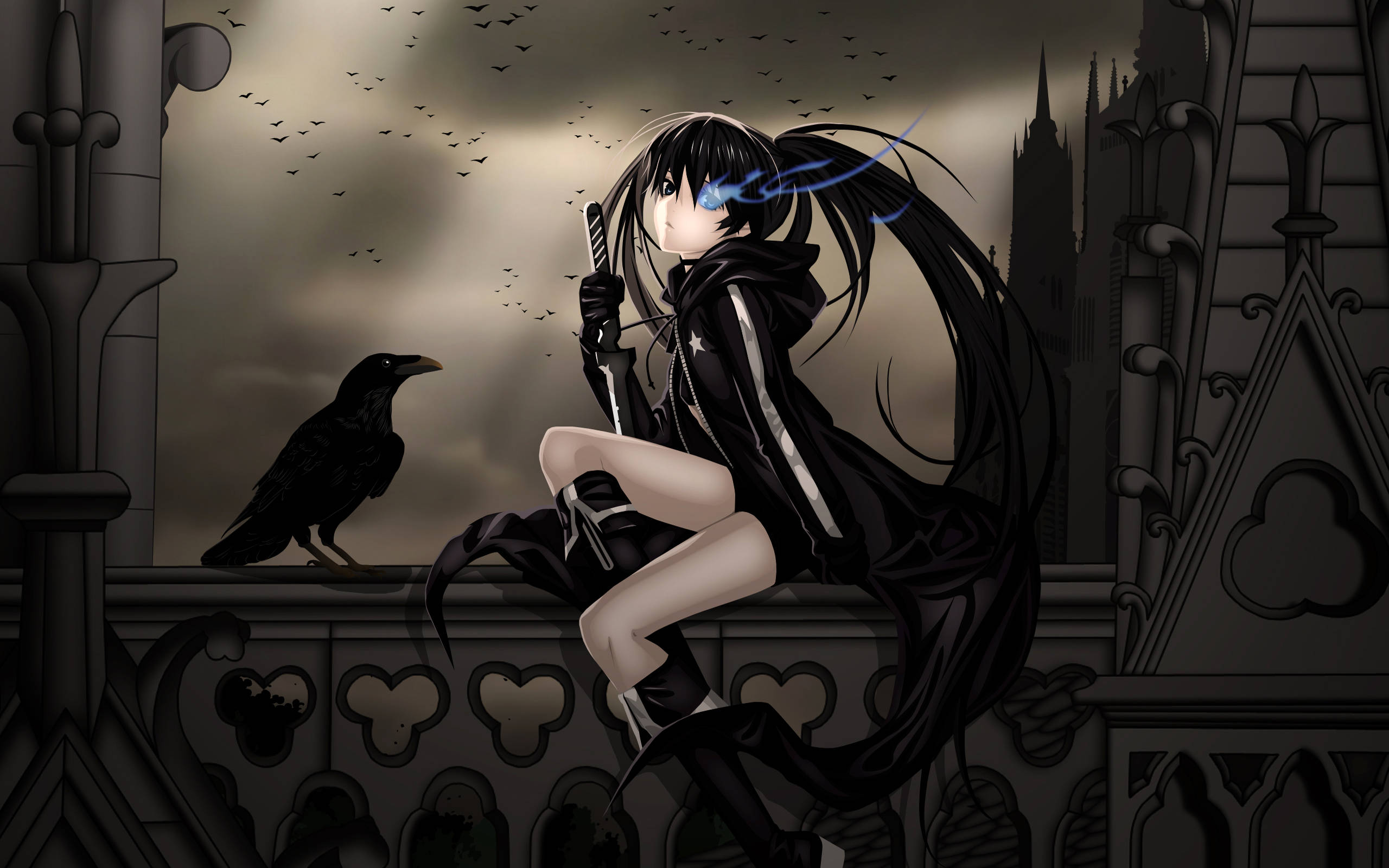 Aesthetic Anime Emo Girl Raven Black, black cloak, gothic balcony, 2K Desktop Wallpaper
