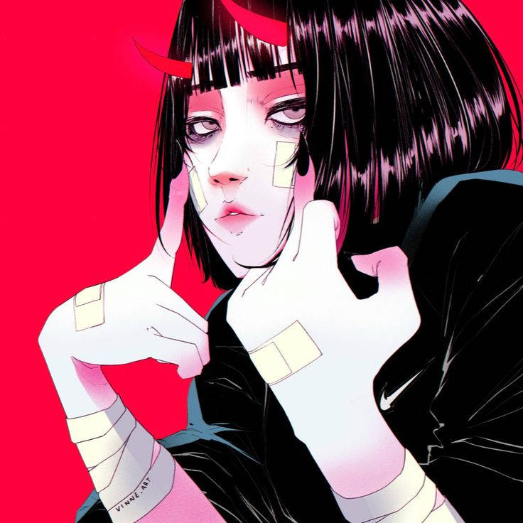 anime girl, black hair, red horns, SD Desktop Wallpaper