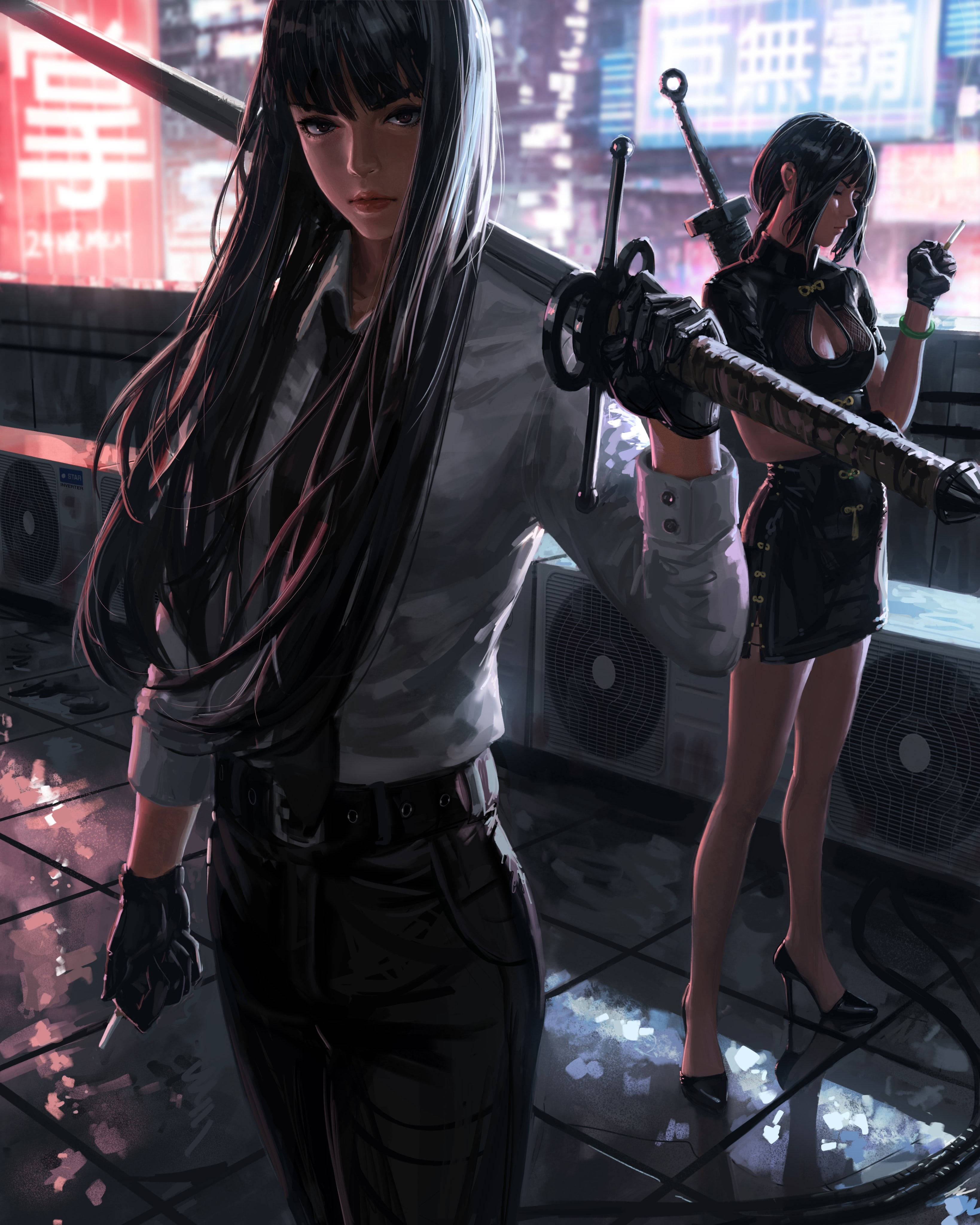 Bad Girl Anime, neon-lit urban rooftop, night, 4K Phone Wallpaper