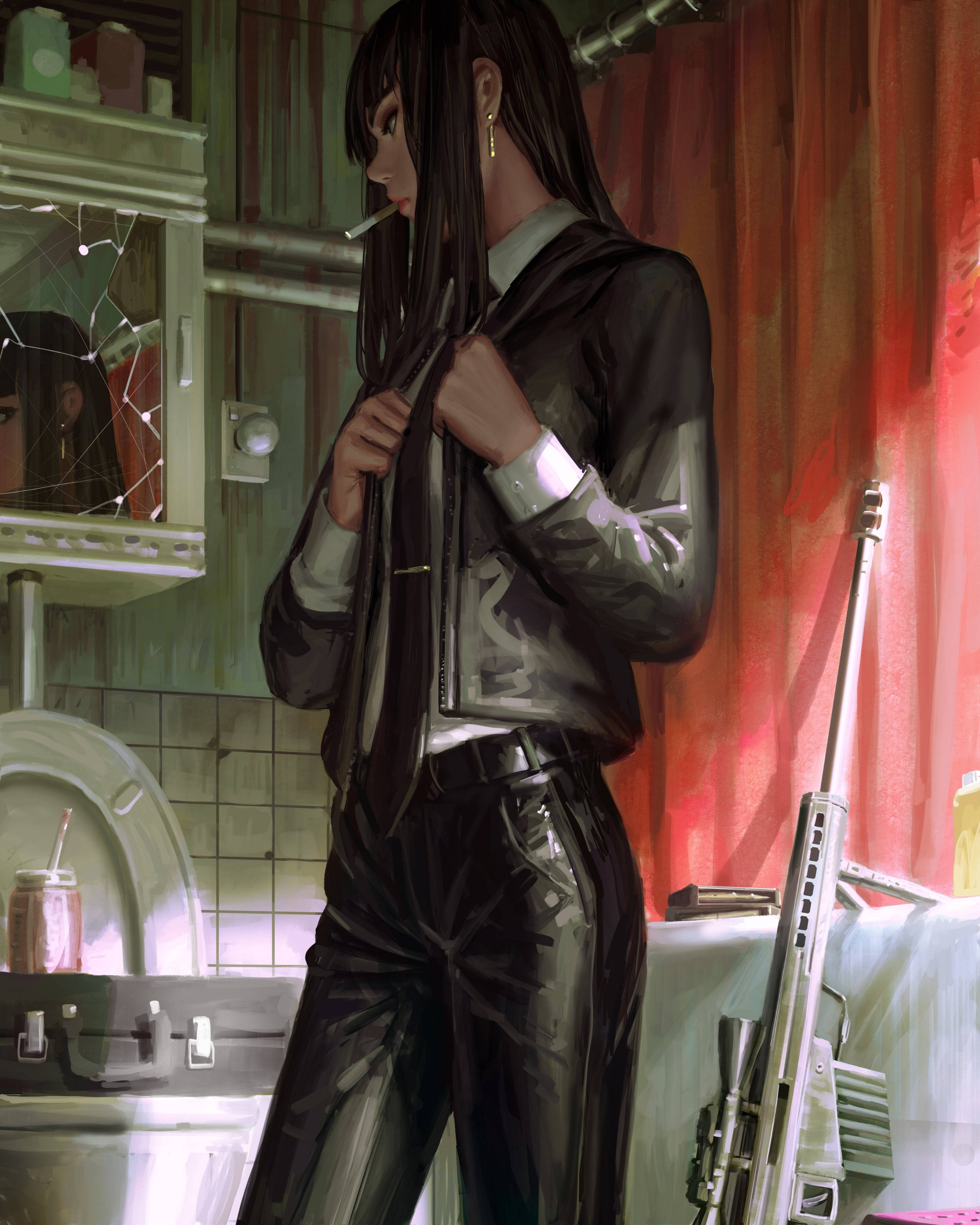 Bad Girl Anime, dark-haired anime woman, black leather jacket, 4K Phone Wallpaper