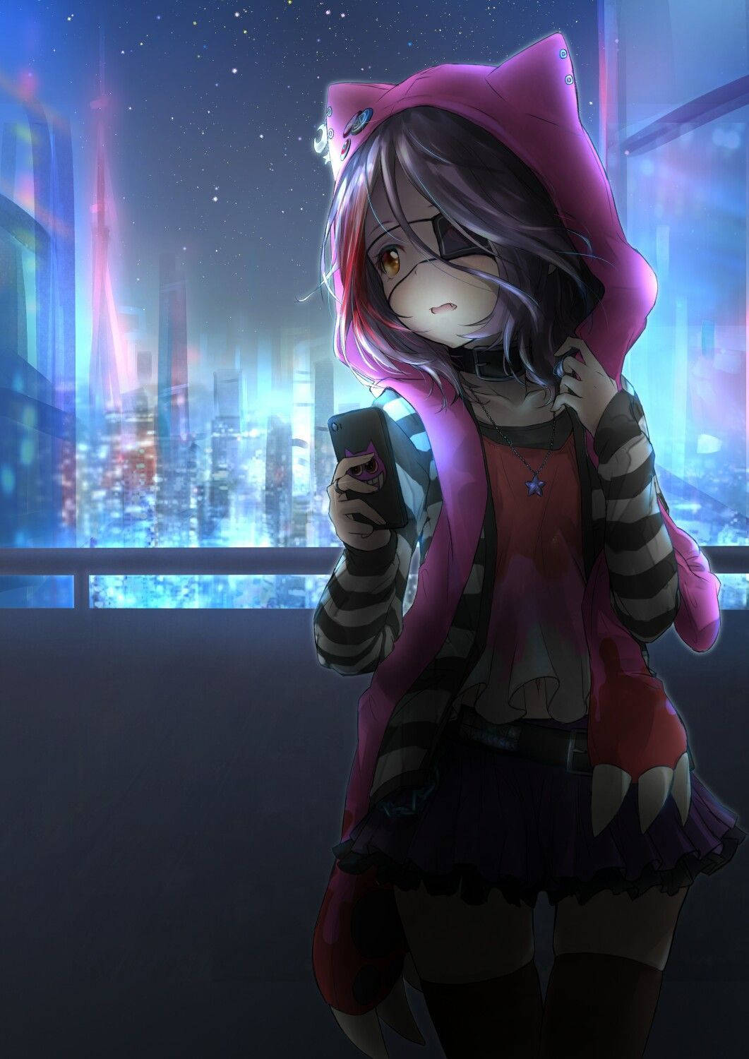 Bad Girl Anime, pink cat hoodie, balcony, HD Phone Wallpaper