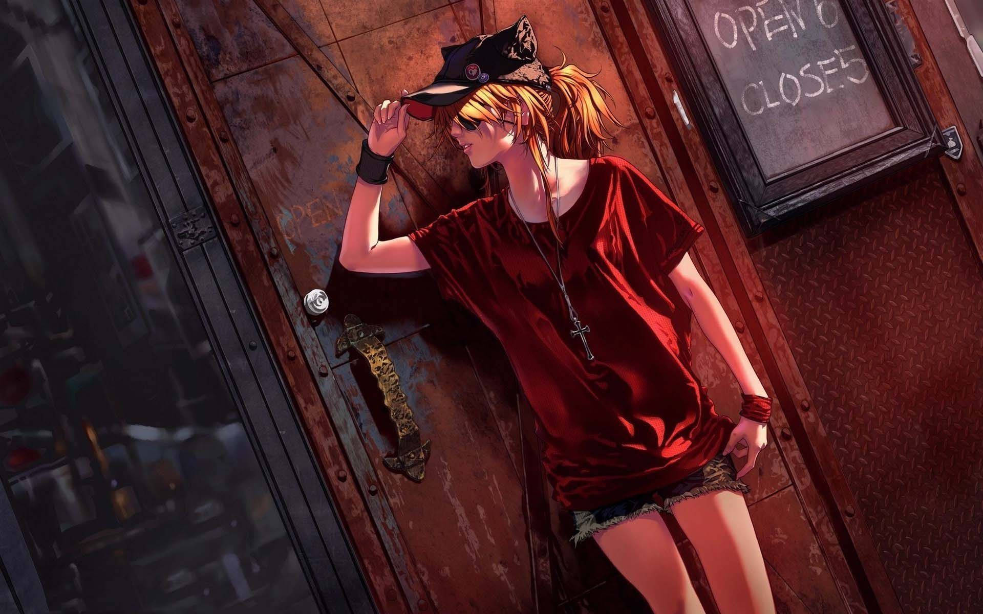 Bad Girl Anime, red shirt, cap, Full HD Desktop Wallpaper