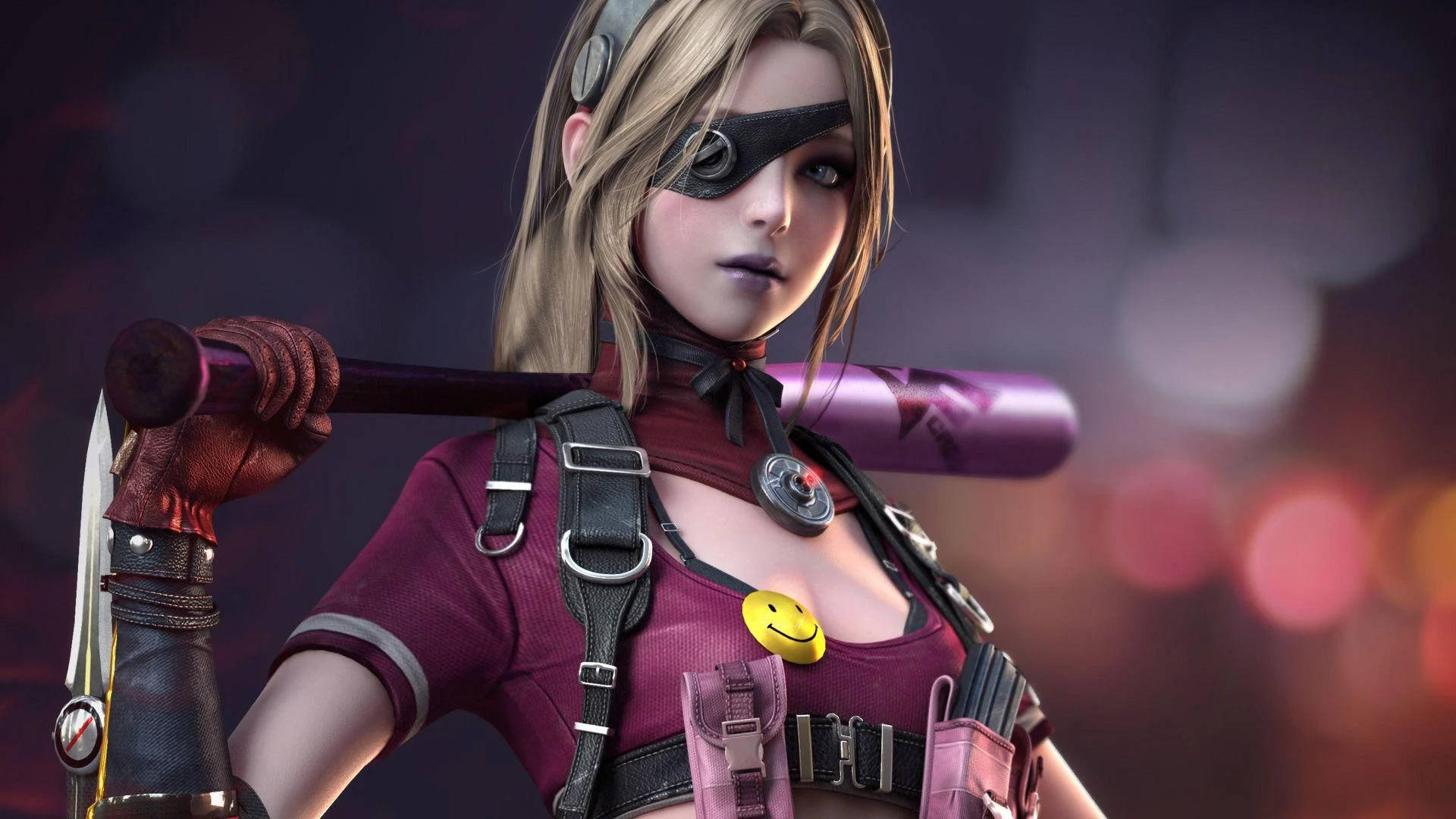 anime-style female fighter, black eye patch, purple baton, Full HD Desktop Wallpaper