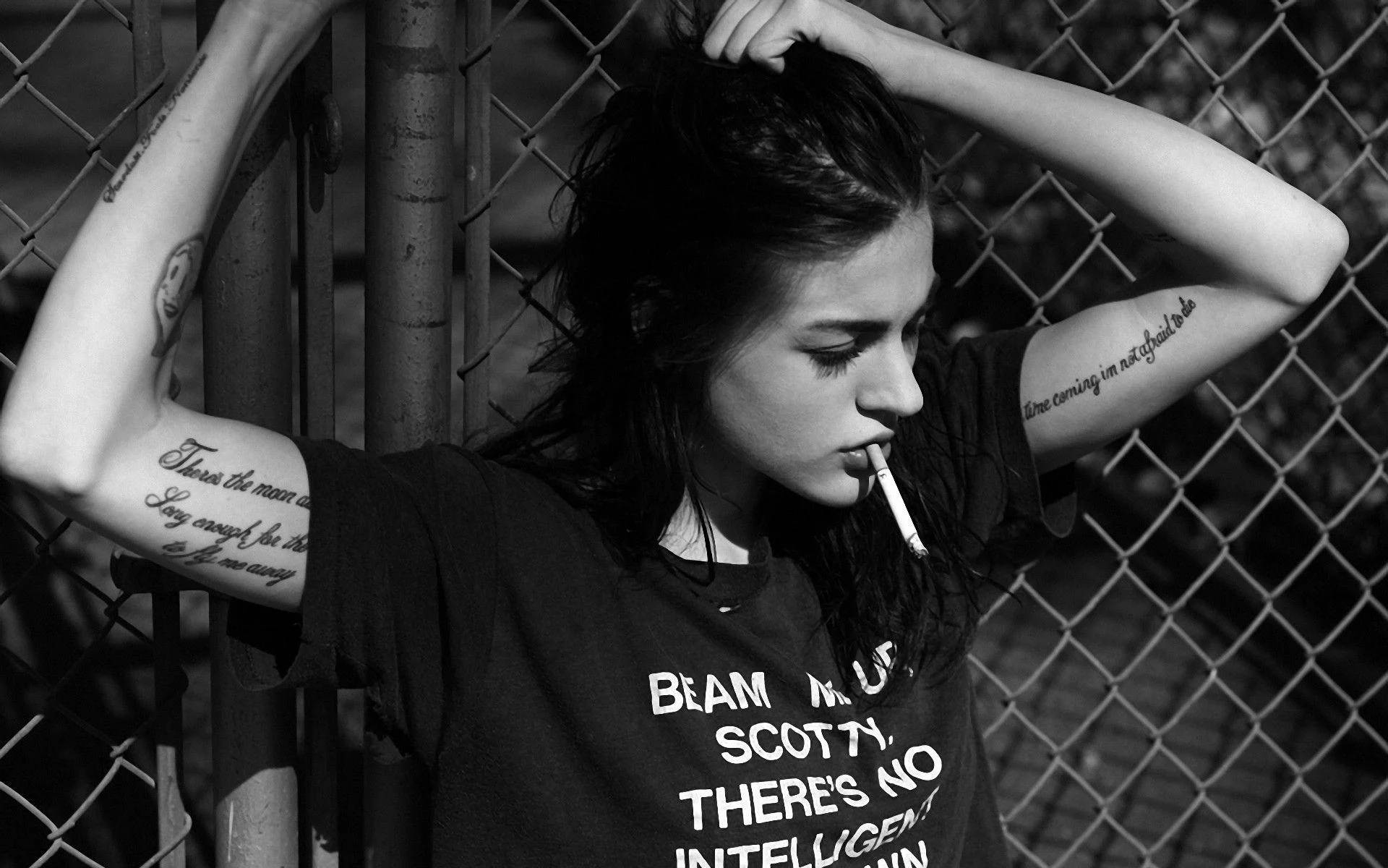 Bad Girl, cigarette, chain-link fence, Full HD Desktop Wallpaper
