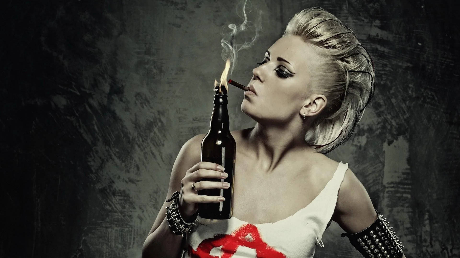 Bad Girl, spiked blonde hair, cigarette, Full HD Desktop Wallpaper