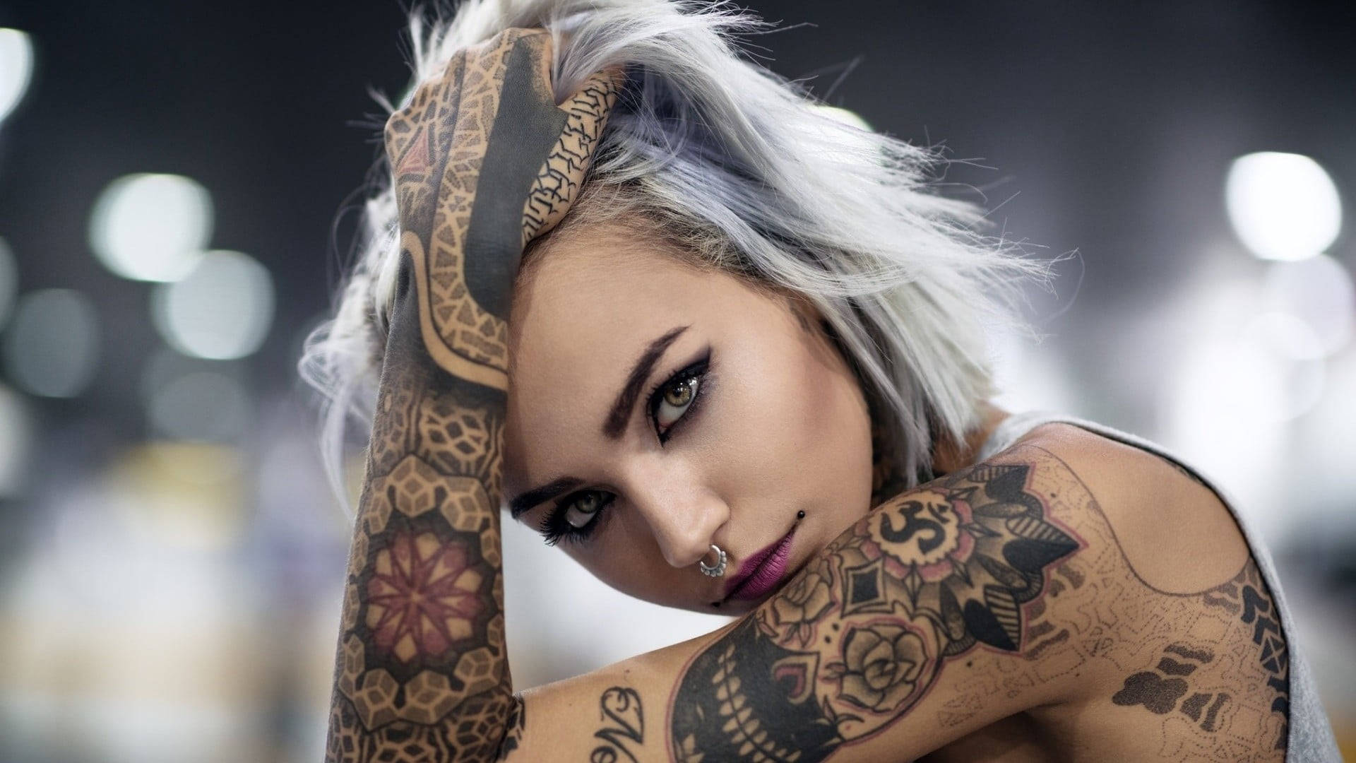 white haired bad girl, tattoo, silver hair, Full HD Desktop Wallpaper