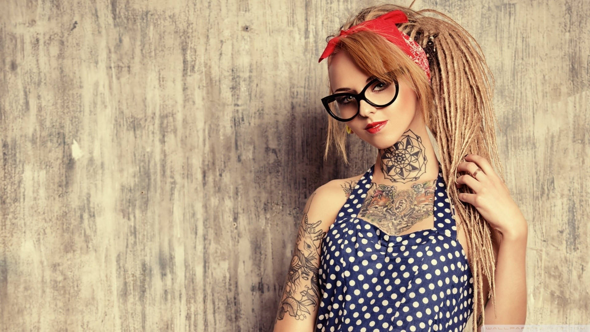 dreadlocks, tattoos, polka dot dress, Full HD Desktop Wallpaper
