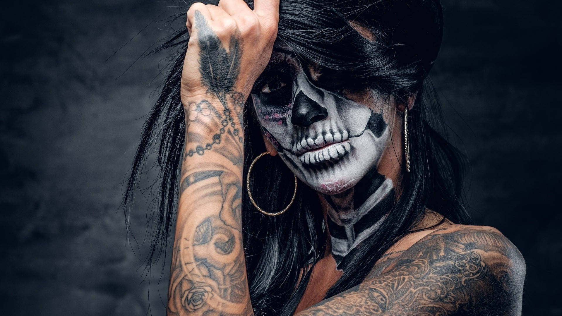 Bad Girl, skull makeup, facial tattoo, Full HD Desktop Wallpaper