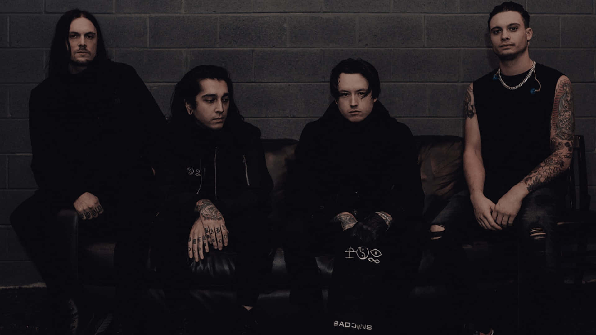Bad Omens, black clothing, gray brick wall, Full HD Desktop Wallpaper