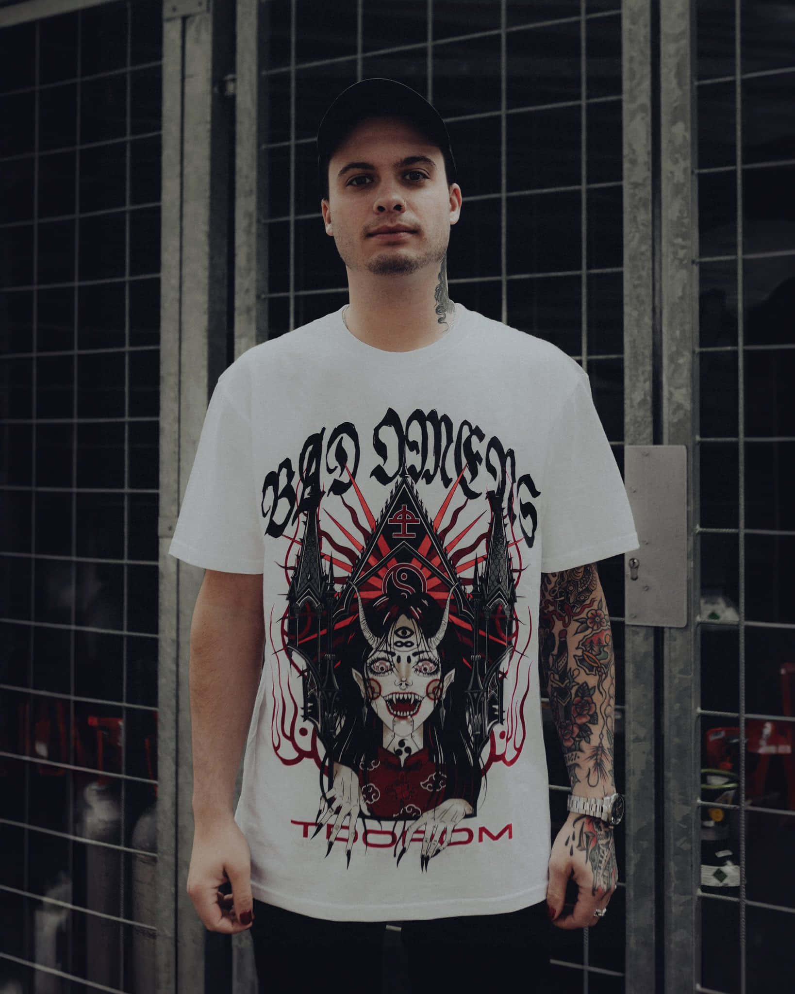 Bad Omens, demonic design, metal grid door, Full HD Phone Wallpaper