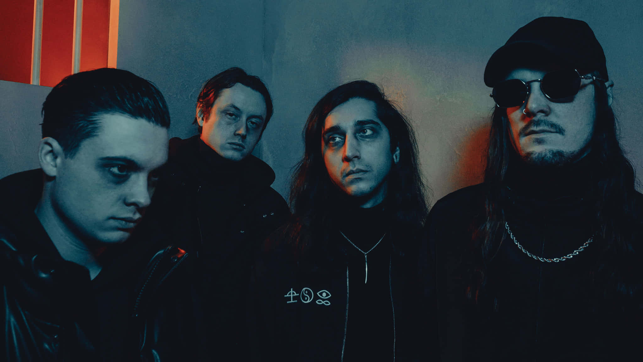 Bad Omens, band portrait, dimly lit room, Full HD Desktop Wallpaper