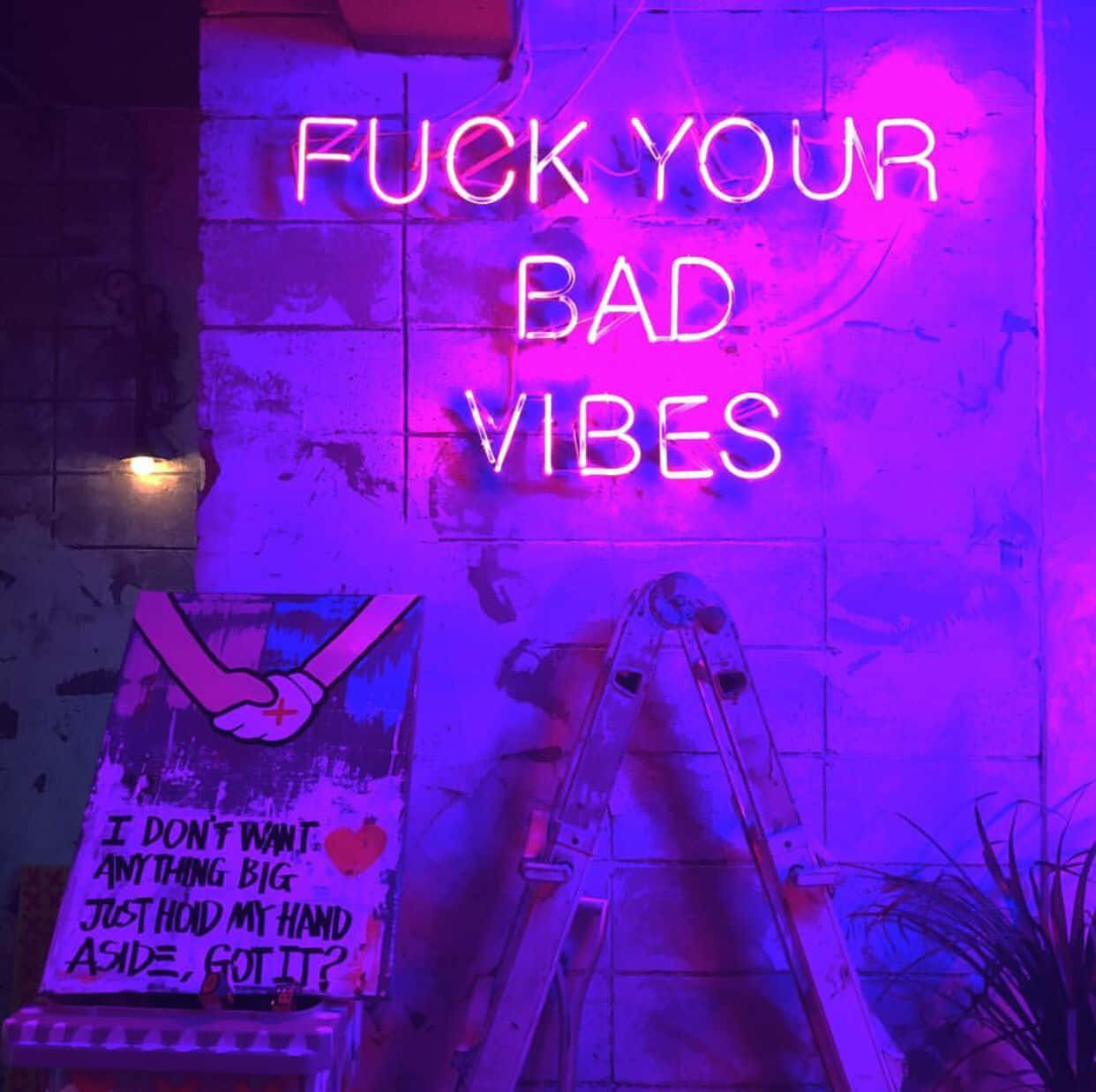 FUCK YOUR BAD VIBES, vibrant purple neon sign, weathered brick wall, SD Desktop Wallpaper