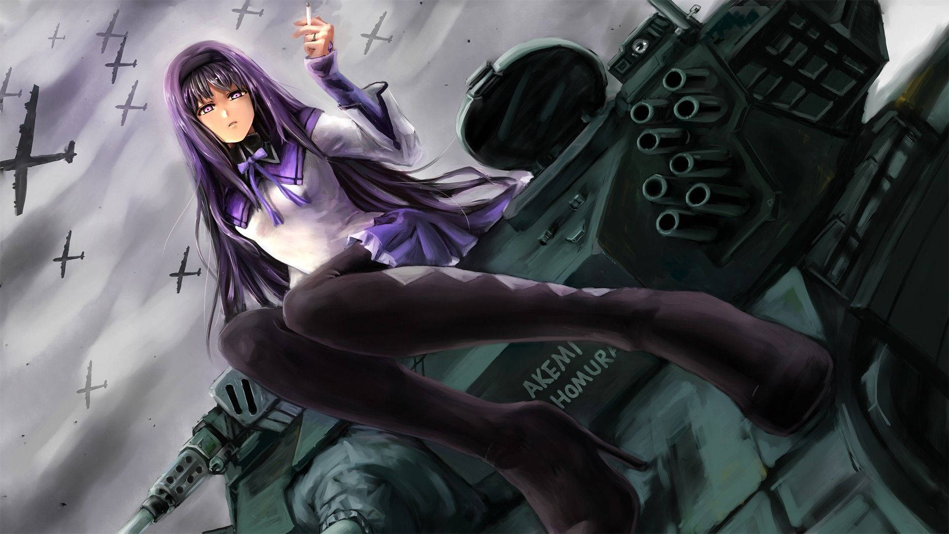 purple-haired anime girl, school uniform, war tank, Full HD Desktop Wallpaper