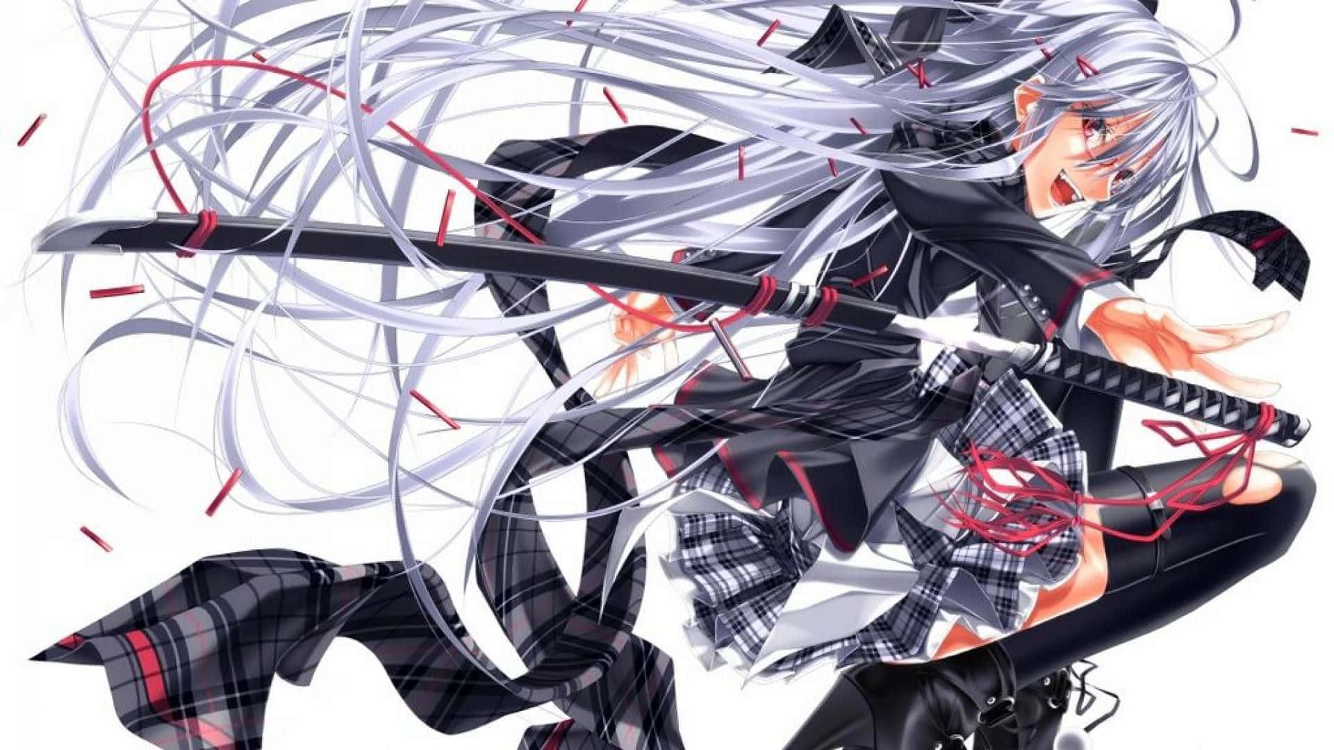 anime girl, silver hair, katana, Full HD Desktop Wallpaper