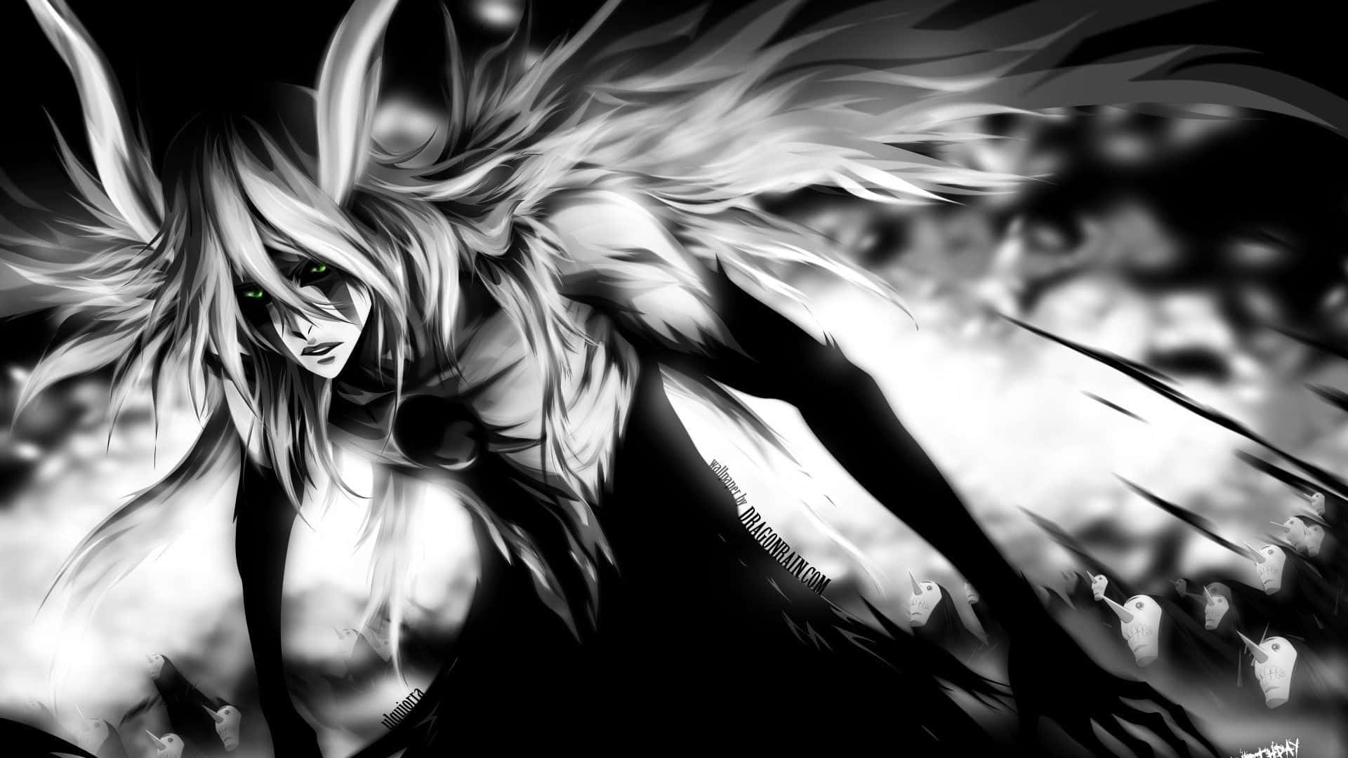 black and white anime character, wild hair, glowing eyes, Full HD Desktop Wallpaper