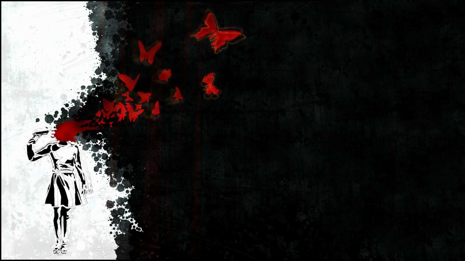 black and white silhouette, woman, red butterflies, Full HD Desktop Wallpaper