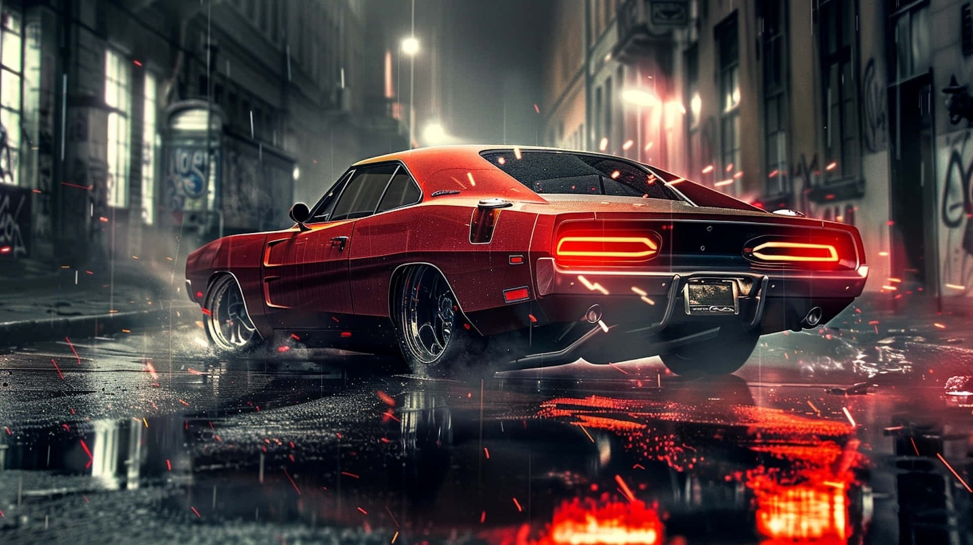 Red Hellcat Charger, rain-slicked urban street, night, Full HD Desktop Wallpaper