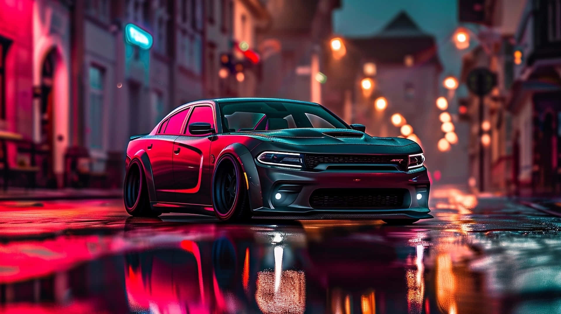 Red Hellcat Charger, Night Cityscape, neon lights, Full HD Desktop Wallpaper