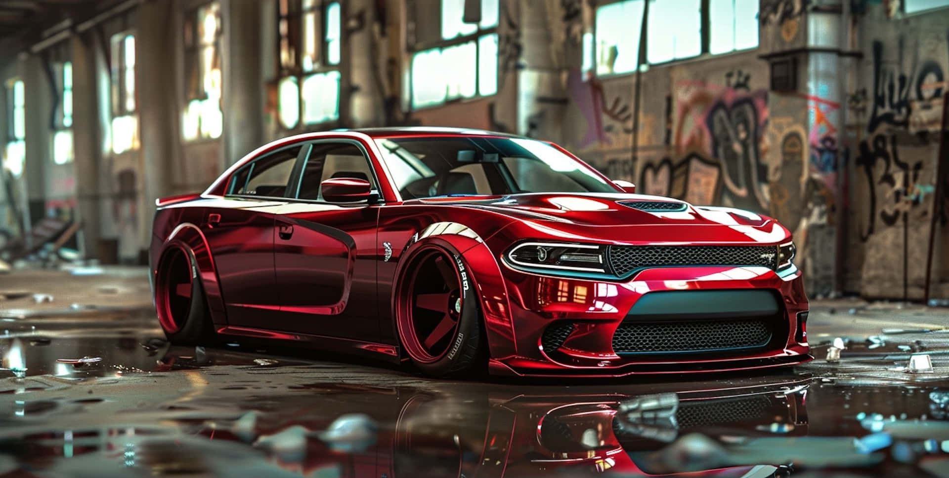 Red Hellcat Charger, glossy red, wet concrete, Full HD Desktop Wallpaper