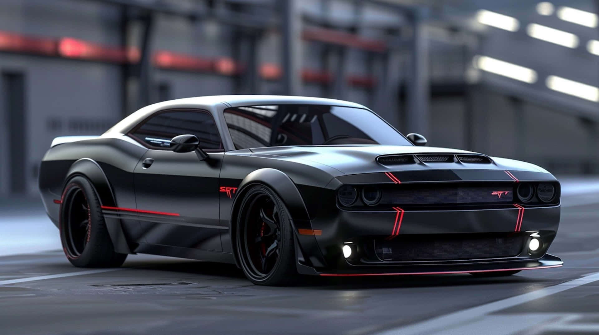 Black Hellcat Charger, red accents, modern industrial garage, Full HD Desktop Wallpaper