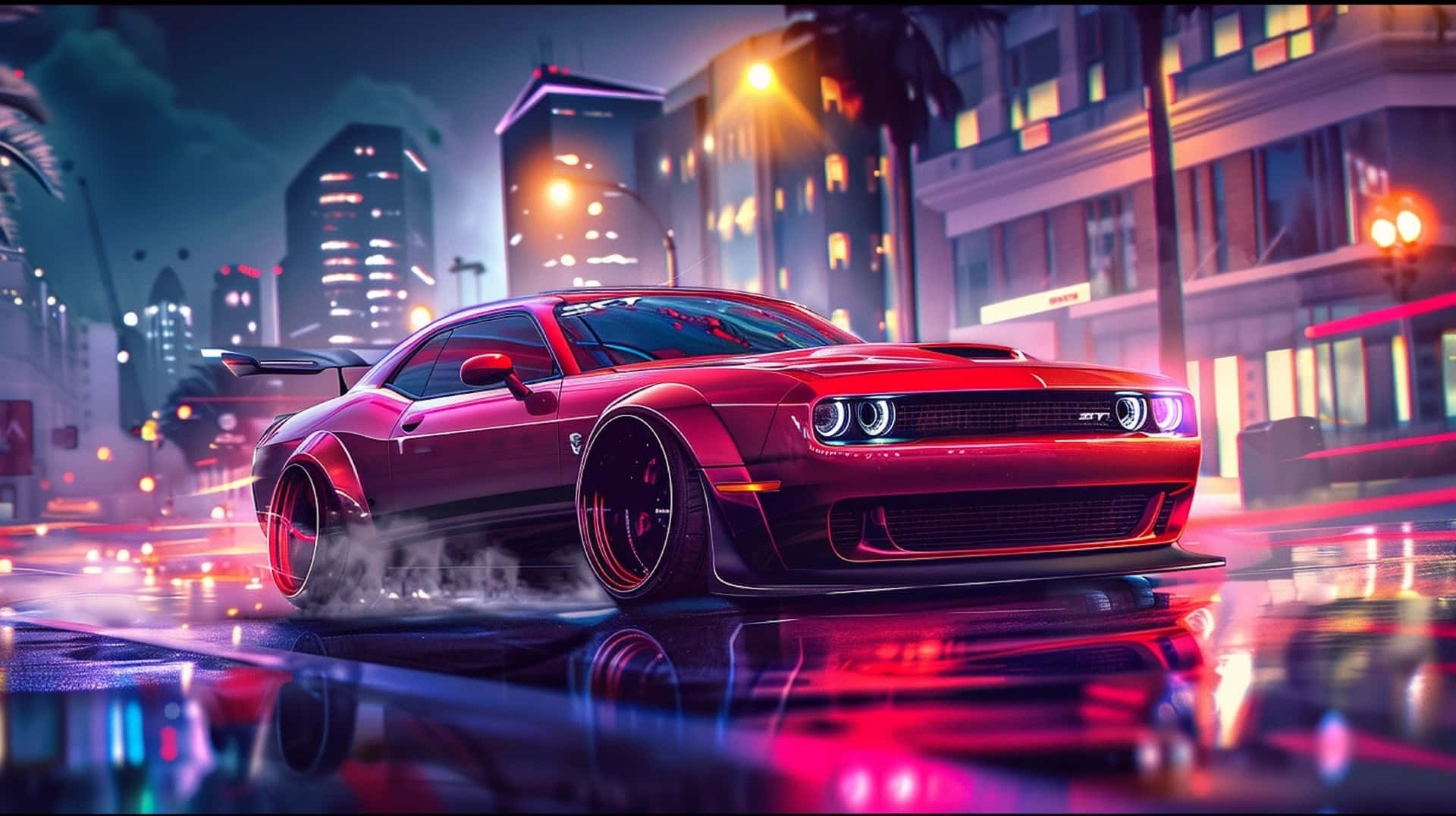 Red Hellcat Charger, night cityscape, neon-lit city streets, Full HD Desktop Wallpaper