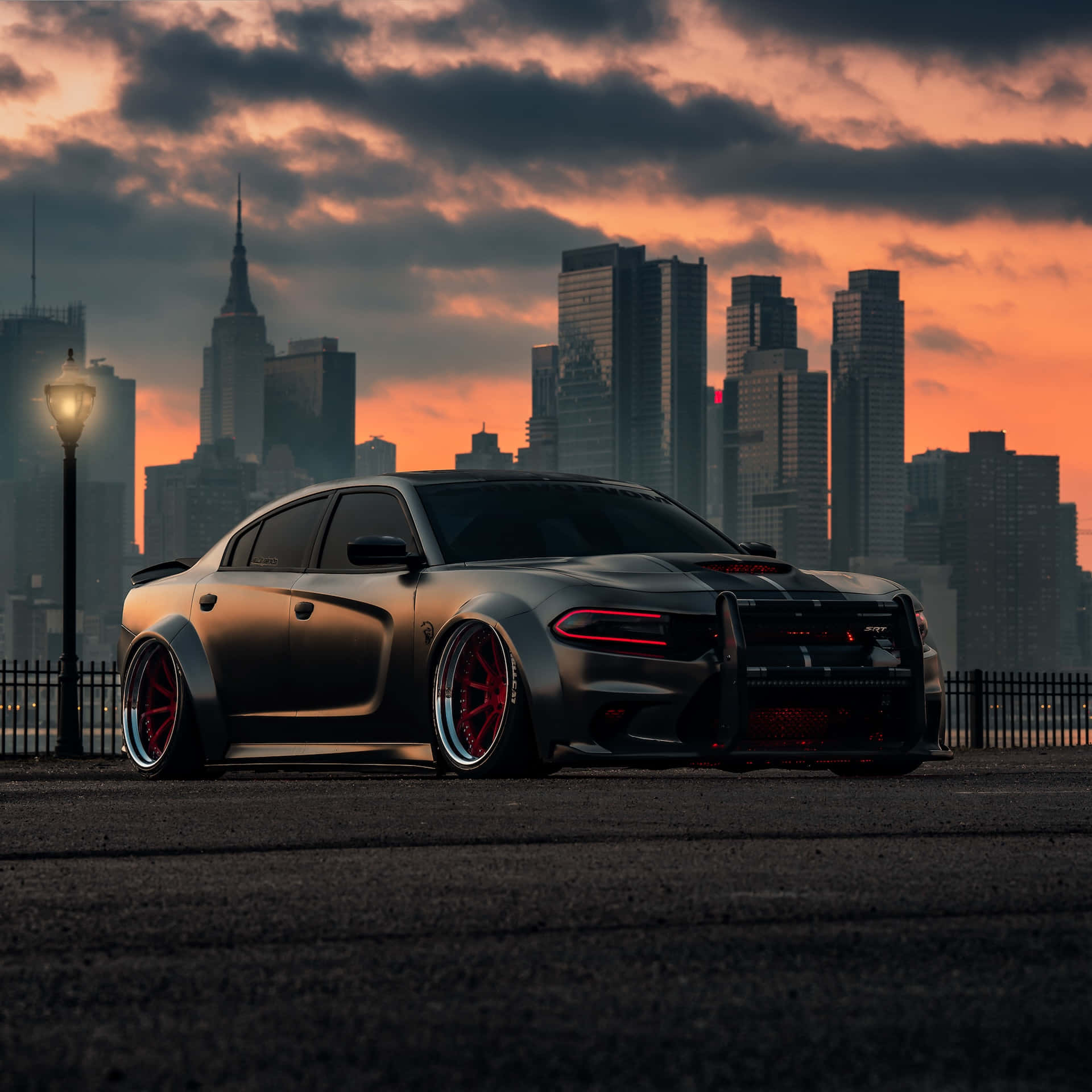 Hellcat Charger, matte black, red rims, Full HD Desktop Wallpaper