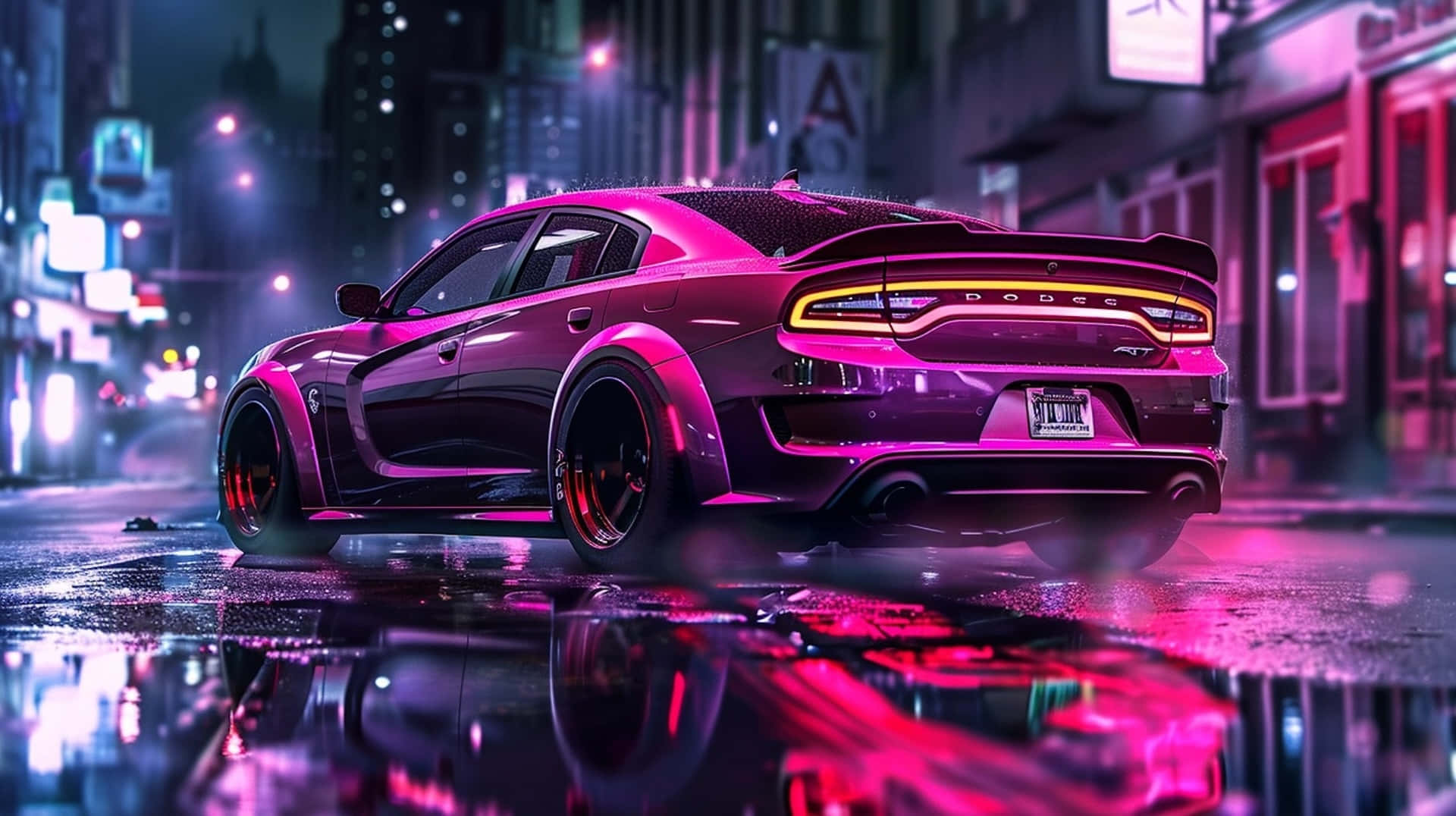 Purple Hellcat Charger, neon lights, rain-slicked city street, Full HD Desktop Wallpaper