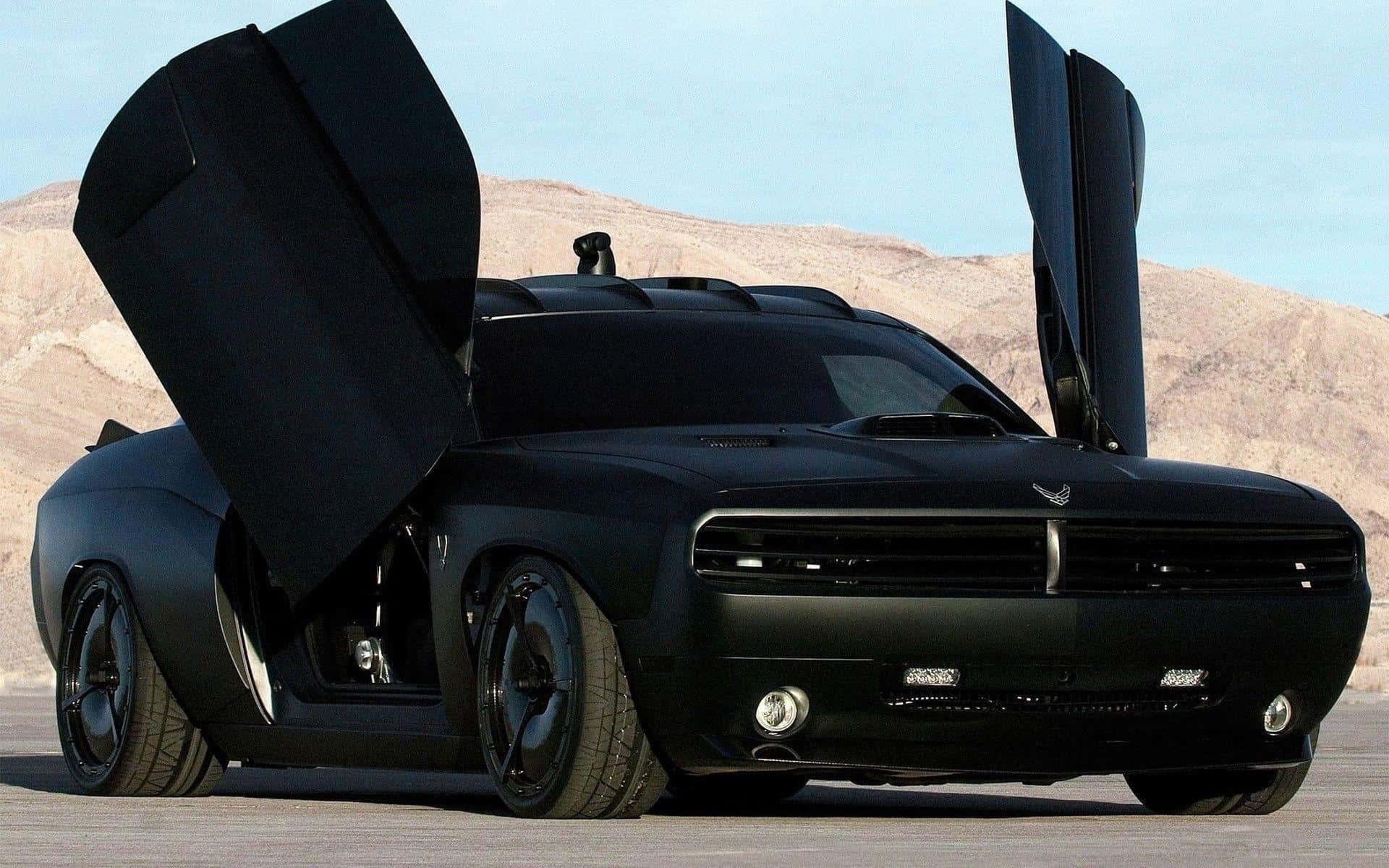 matte black Dodge Challenger, scissor doors, desert plain, Full HD Desktop Wallpaper