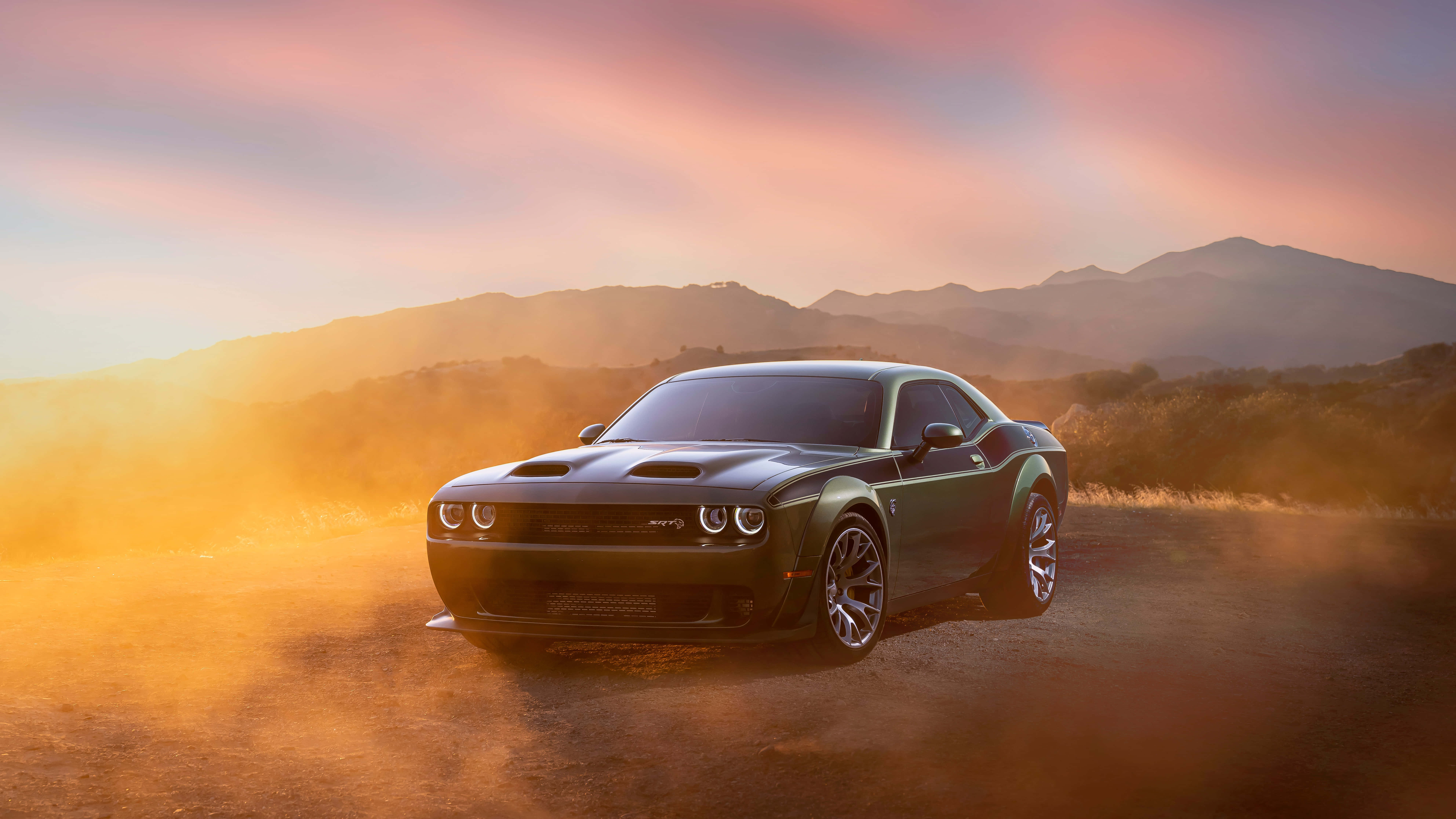 Hellcat, sleek black muscle car, dirt road, 8K Desktop Wallpaper