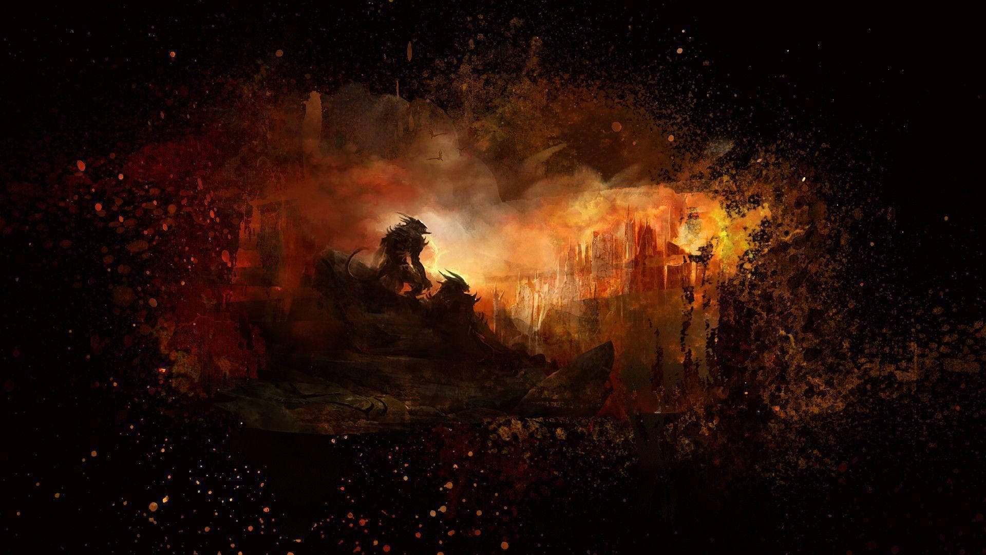 rocky outcrop, fiery orange and red sky, dark splatter effects, Full HD Desktop Wallpaper