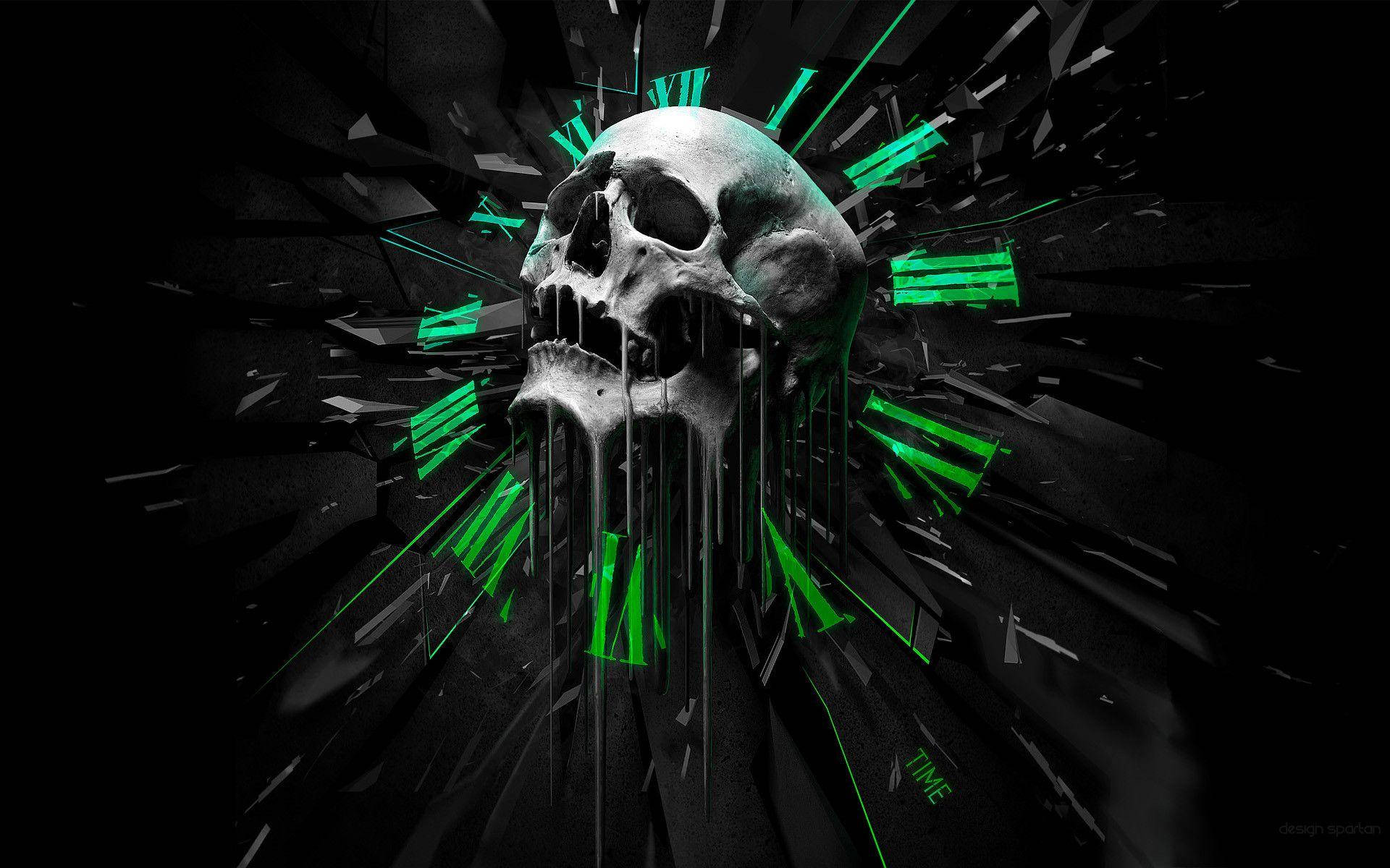 badass skull on clock, glowing green Roman numerals, shattered skull, Full HD Desktop Wallpaper