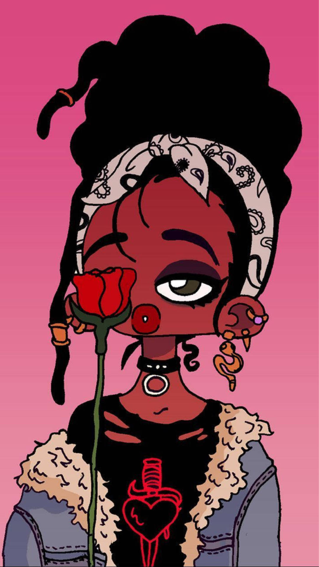 baddie cartoon girl, red skin, black hair, Full HD Phone Wallpaper