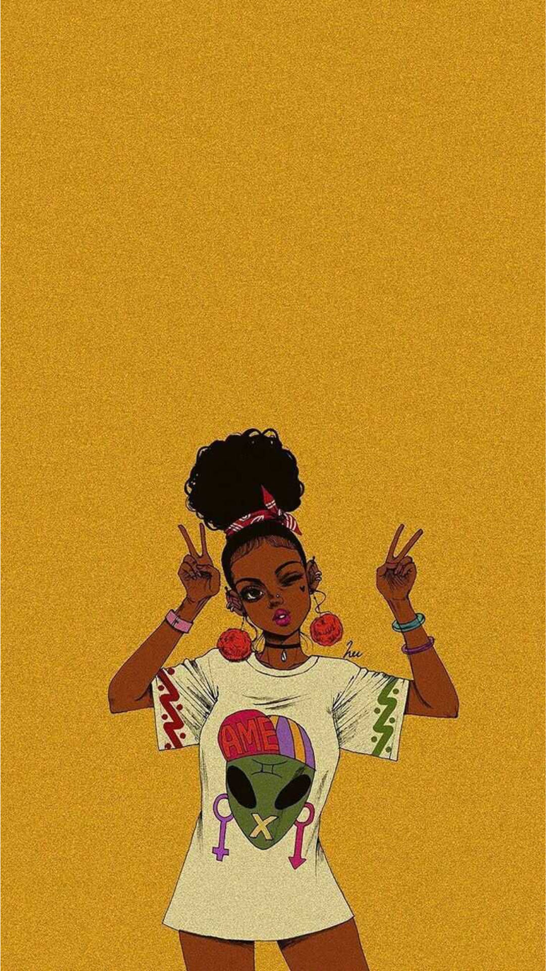 Baddie Cartoon Girl, afro, alien-themed shirt, Full HD Phone Wallpaper