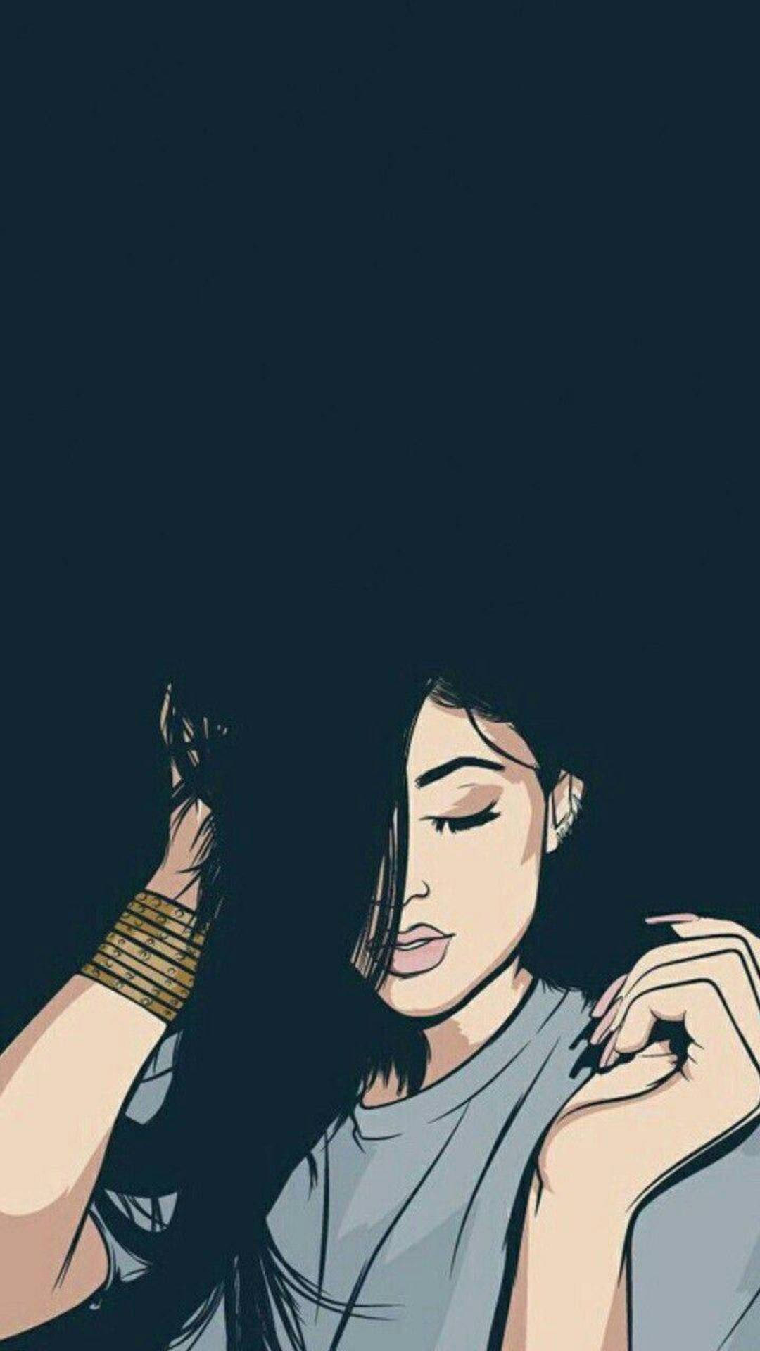 messy haired baddie cartoon girl, dark hair, closed eyes, Full HD Phone Wallpaper