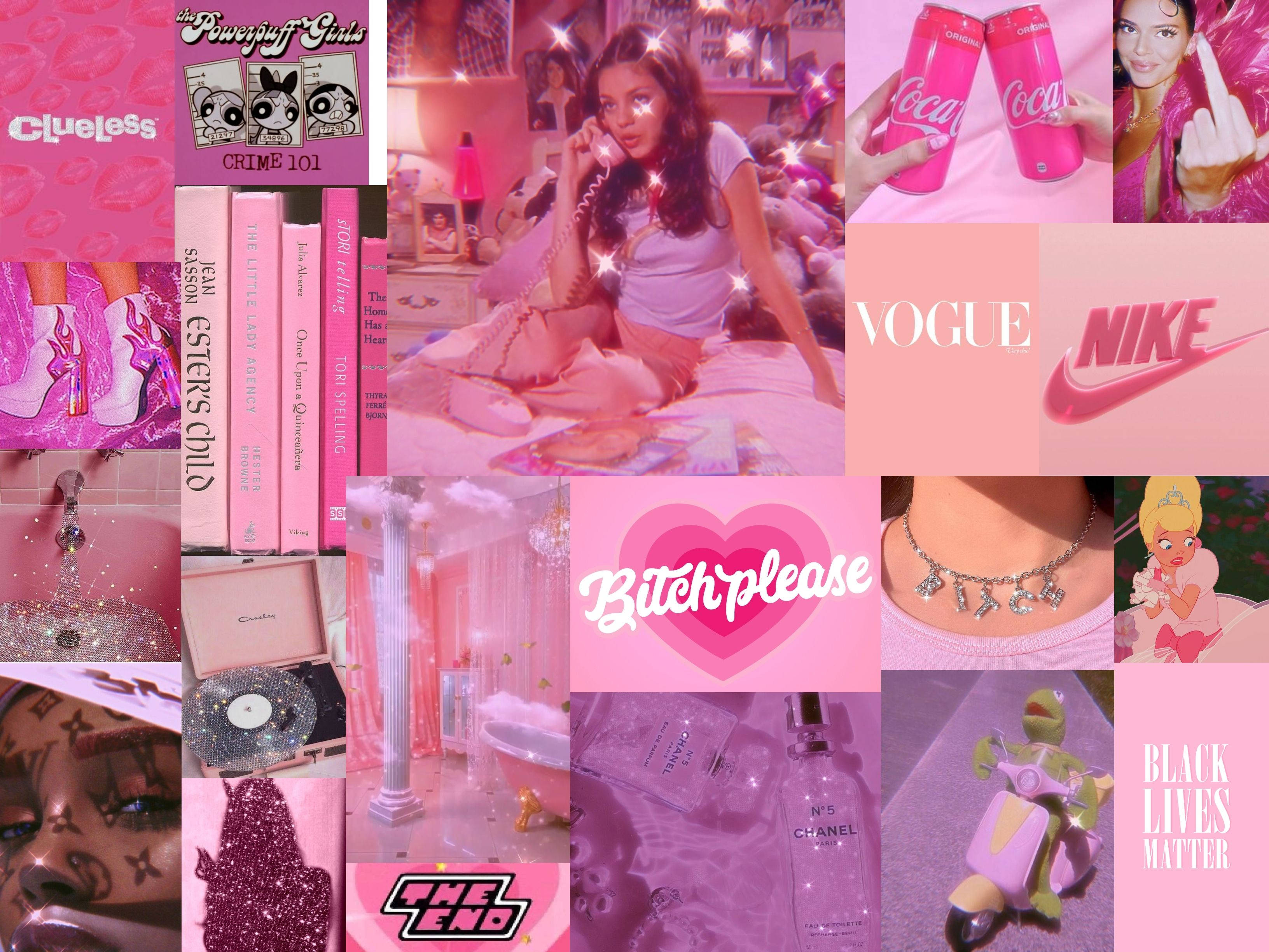 baddie aesthetic collage, pink theme, pop culture icons, 2K Desktop Wallpaper