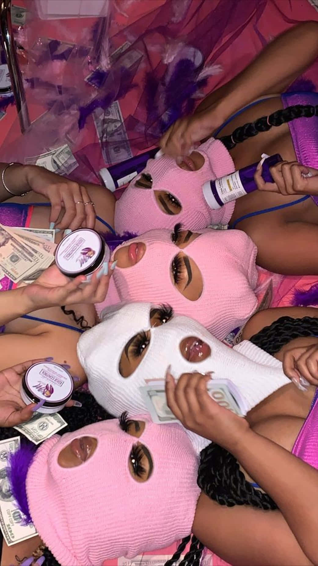 baddie girl, pink and white balaclavas, scattered cash, HD Phone Wallpaper