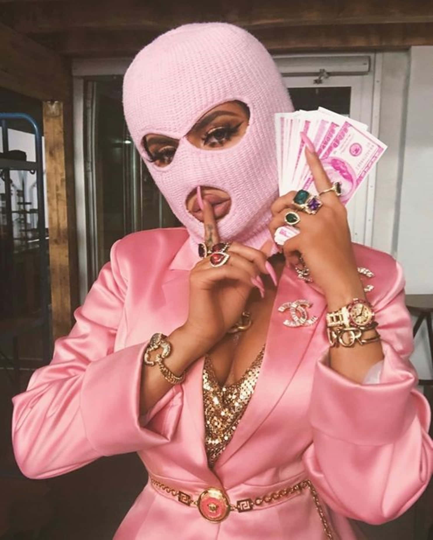 pink balaclava, matching satin suit, fanned cash, HD Phone Wallpaper