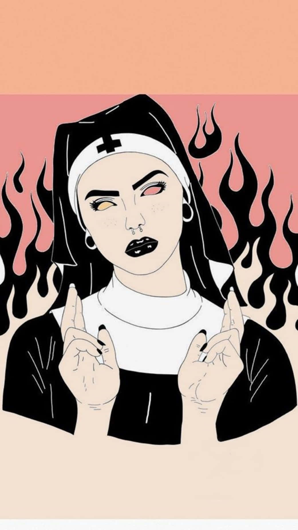 Baddie Girl, rebellious nun, flaming background, HD Phone Wallpaper