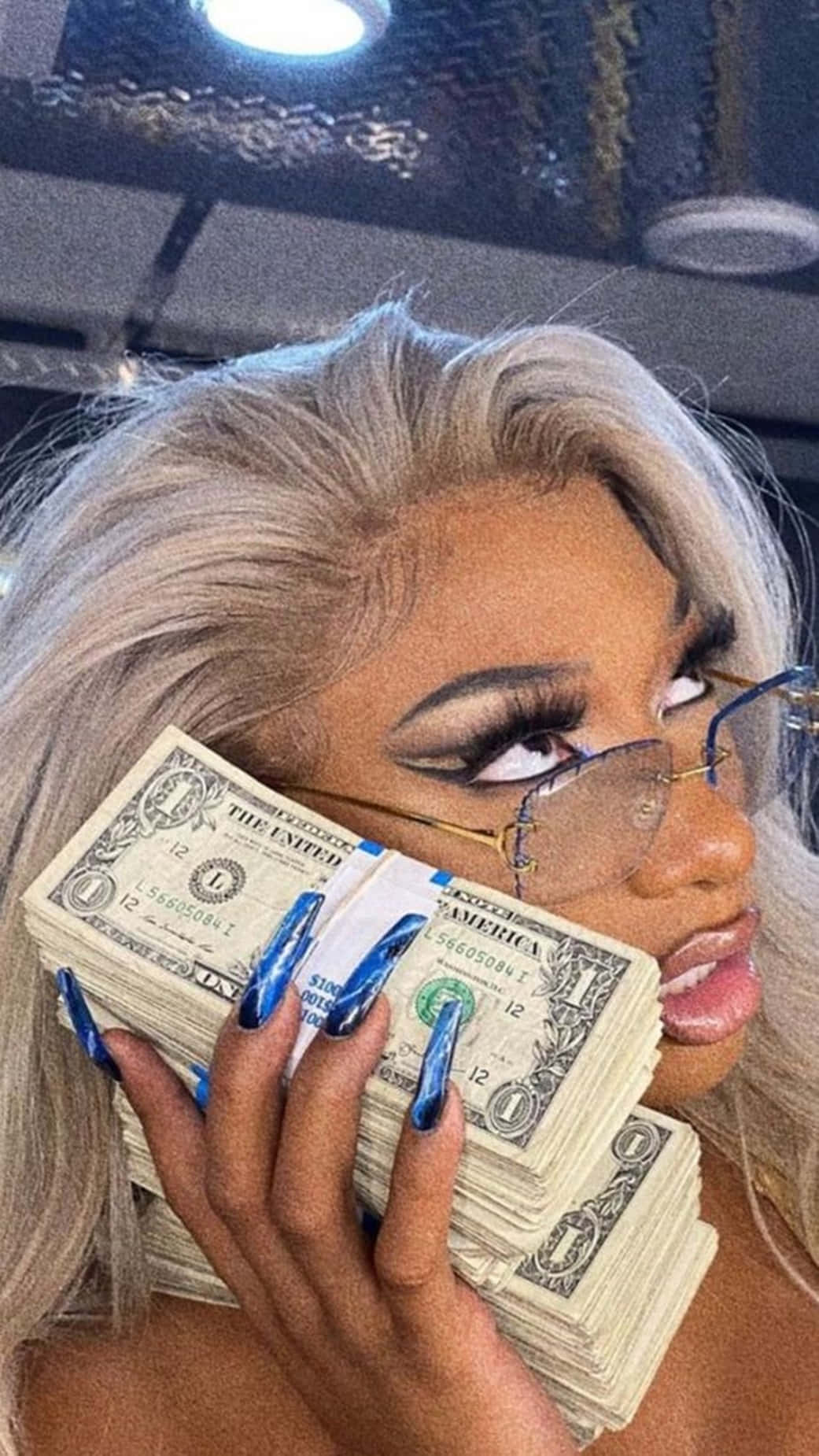 platinum blonde hair, blue nails, US one-dollar bills, HD Phone Wallpaper