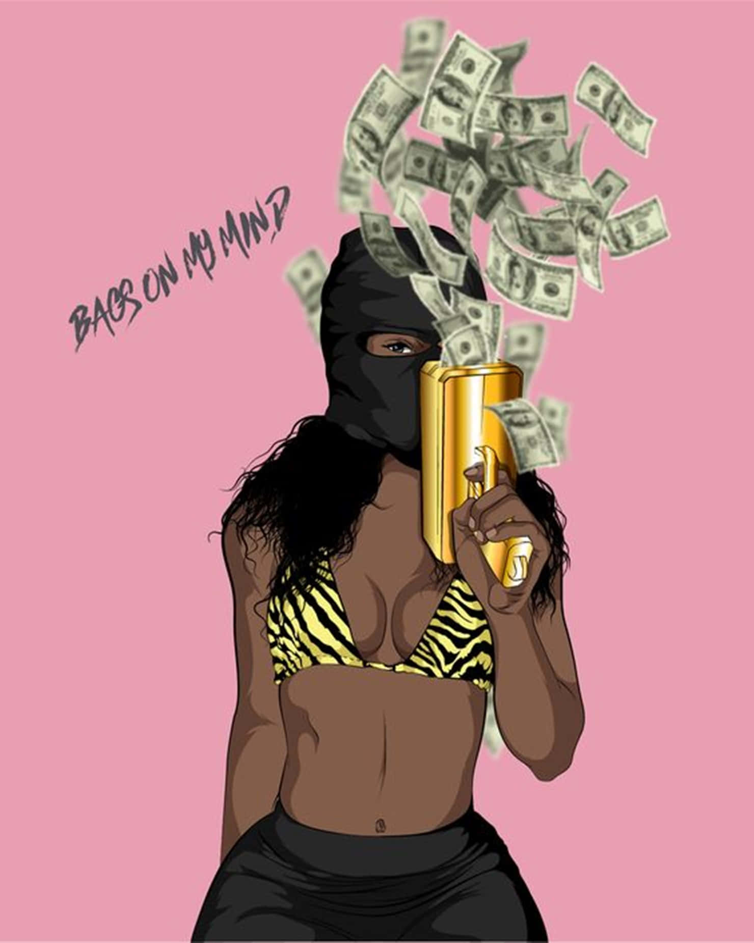 zombie-print top, gold gun, dollar bills, HD Phone Wallpaper