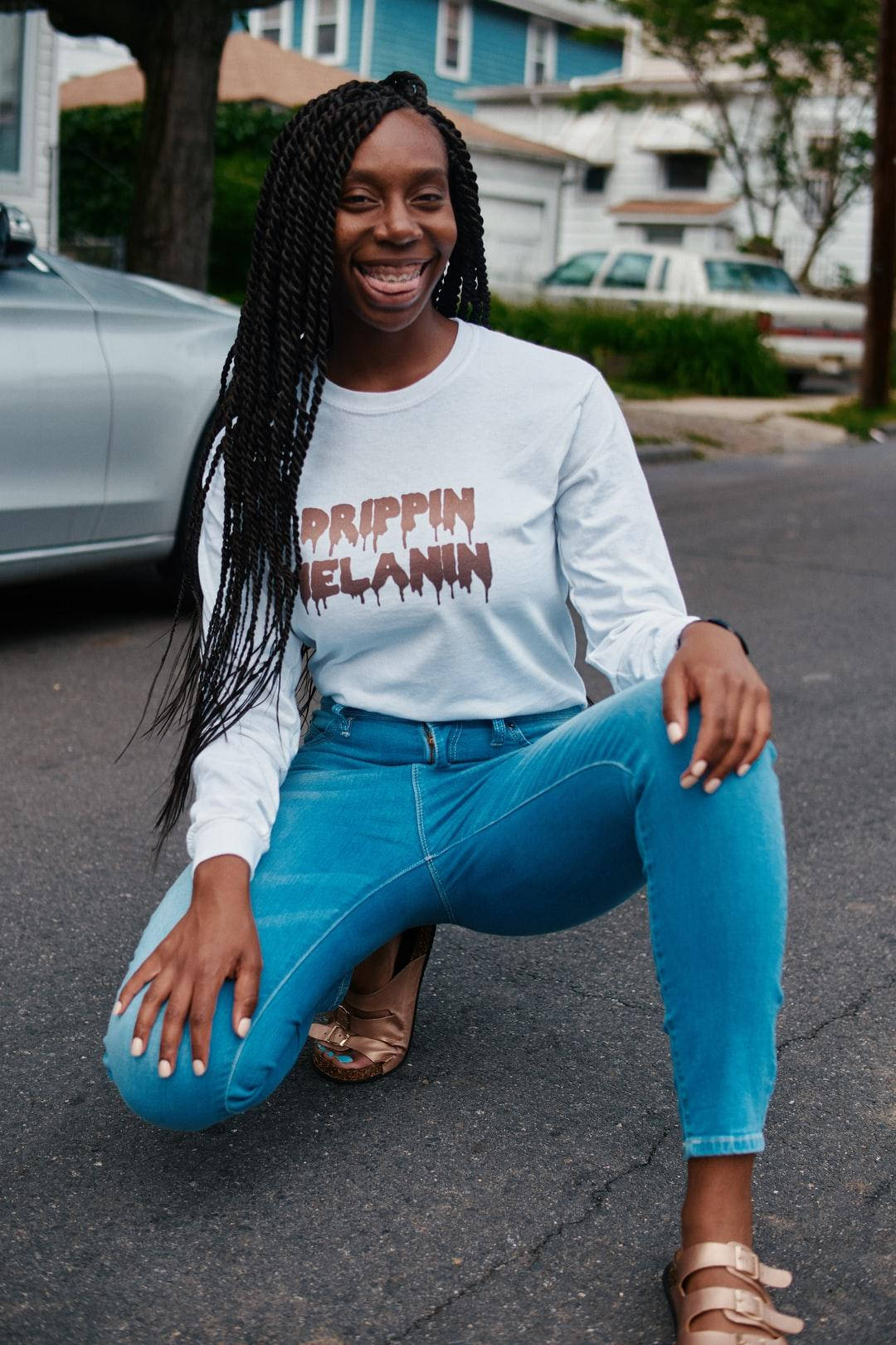 Prippin Melanin shirt, long braids, bright blue jeans, HD Phone Wallpaper