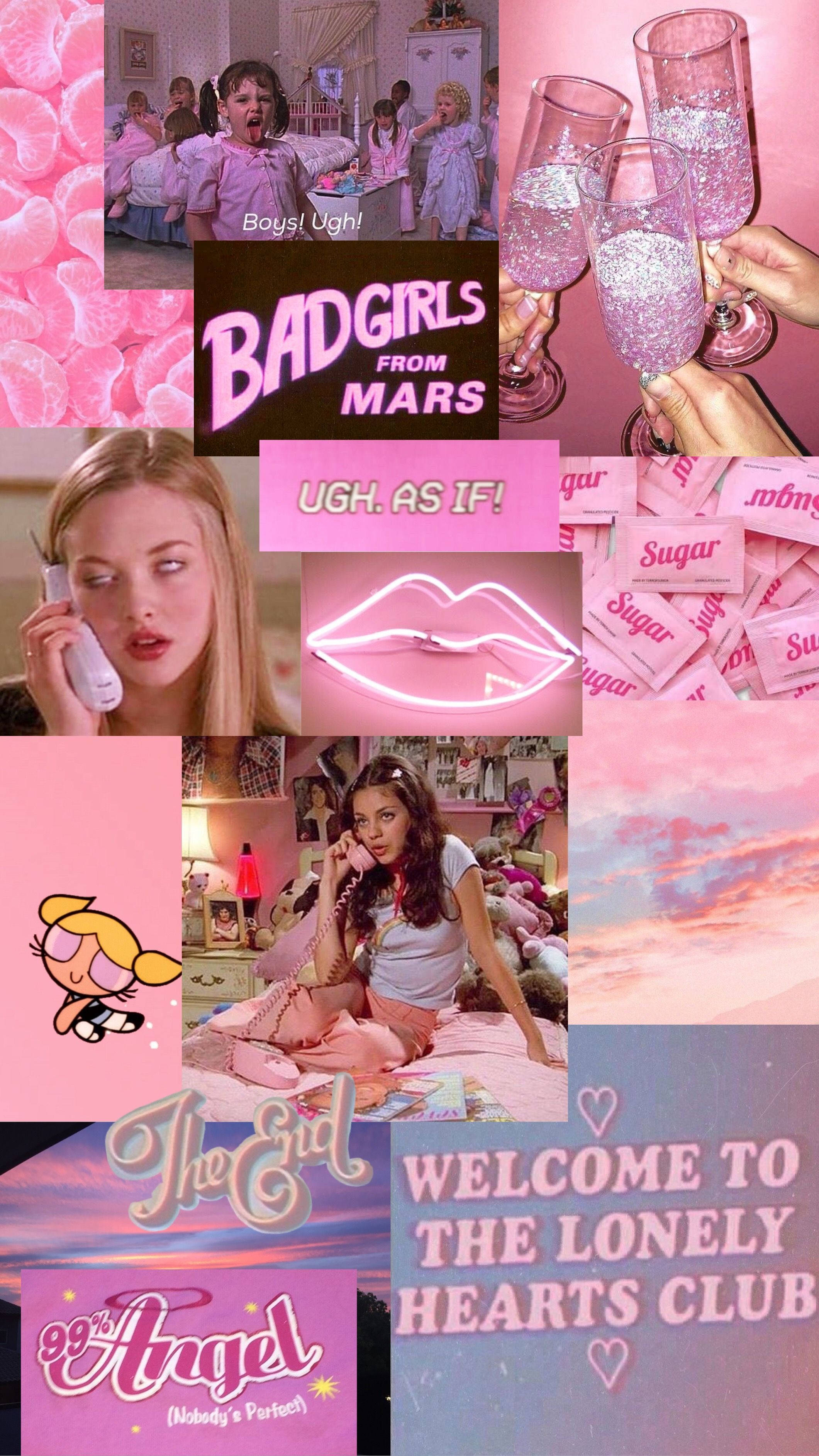 aesthetic pink baddie girls, 90s teen shows, glittering glasses, 2K Phone Wallpaper