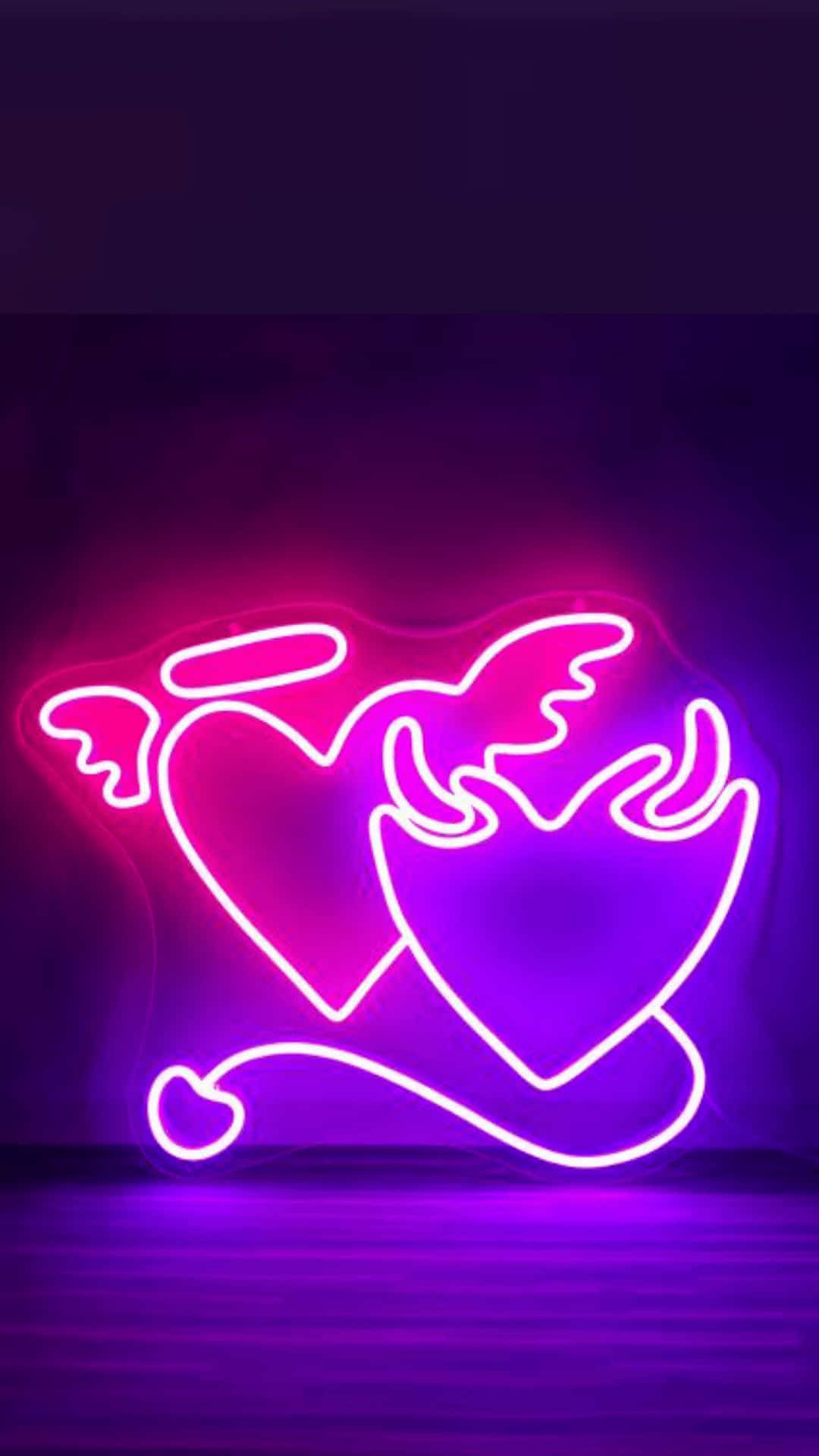neon sign, pink angel heart, purple devil heart, Full HD Phone Wallpaper