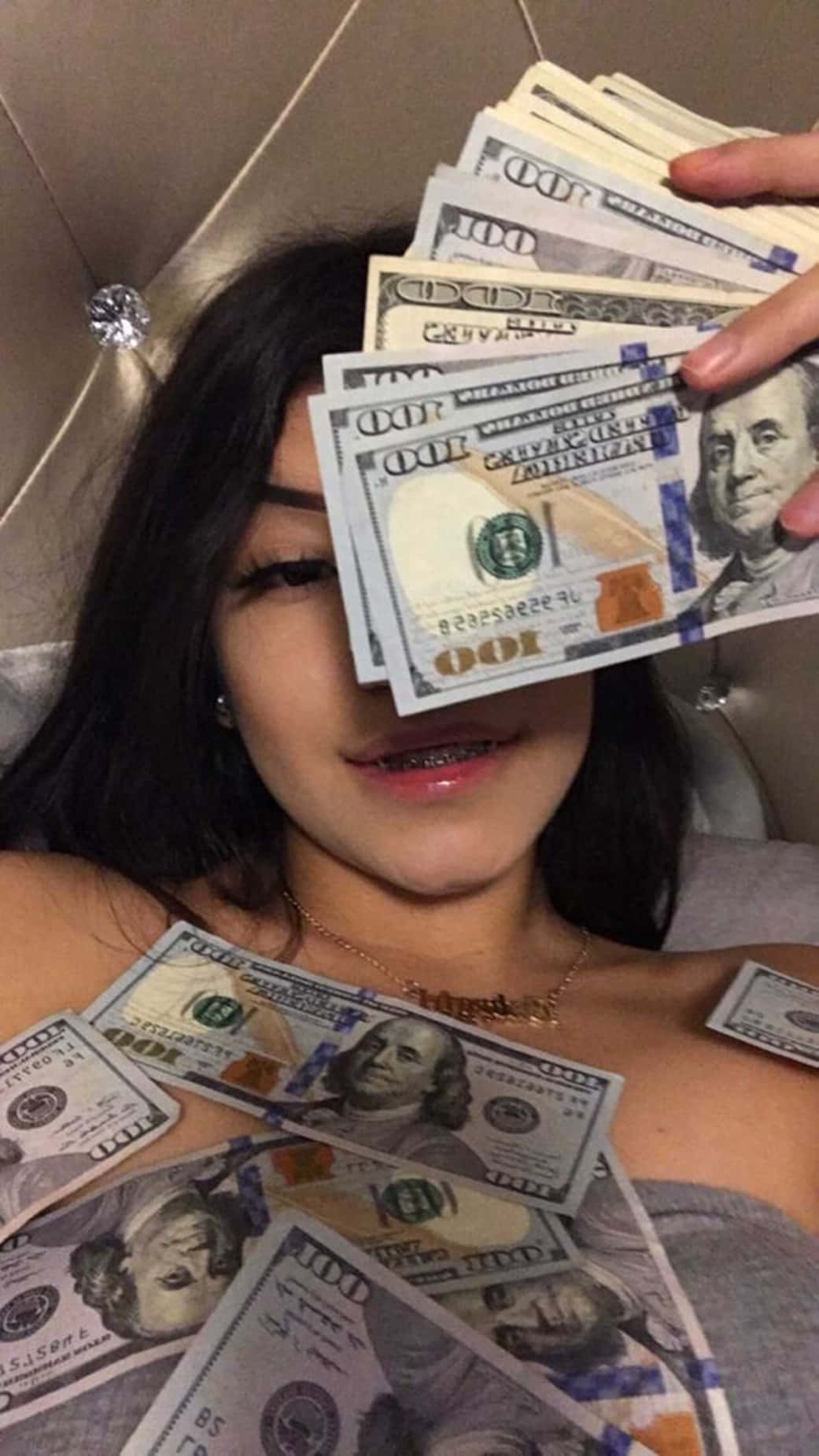 young woman, dark hair, hundred-dollar bills, HD Phone Wallpaper