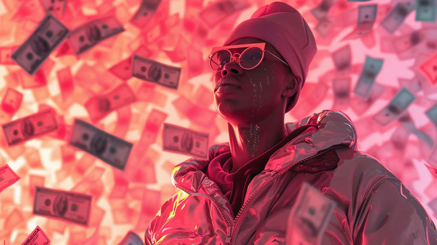 shiny pink jacket, beanie, dollar bills rain down, HD Desktop Wallpaper